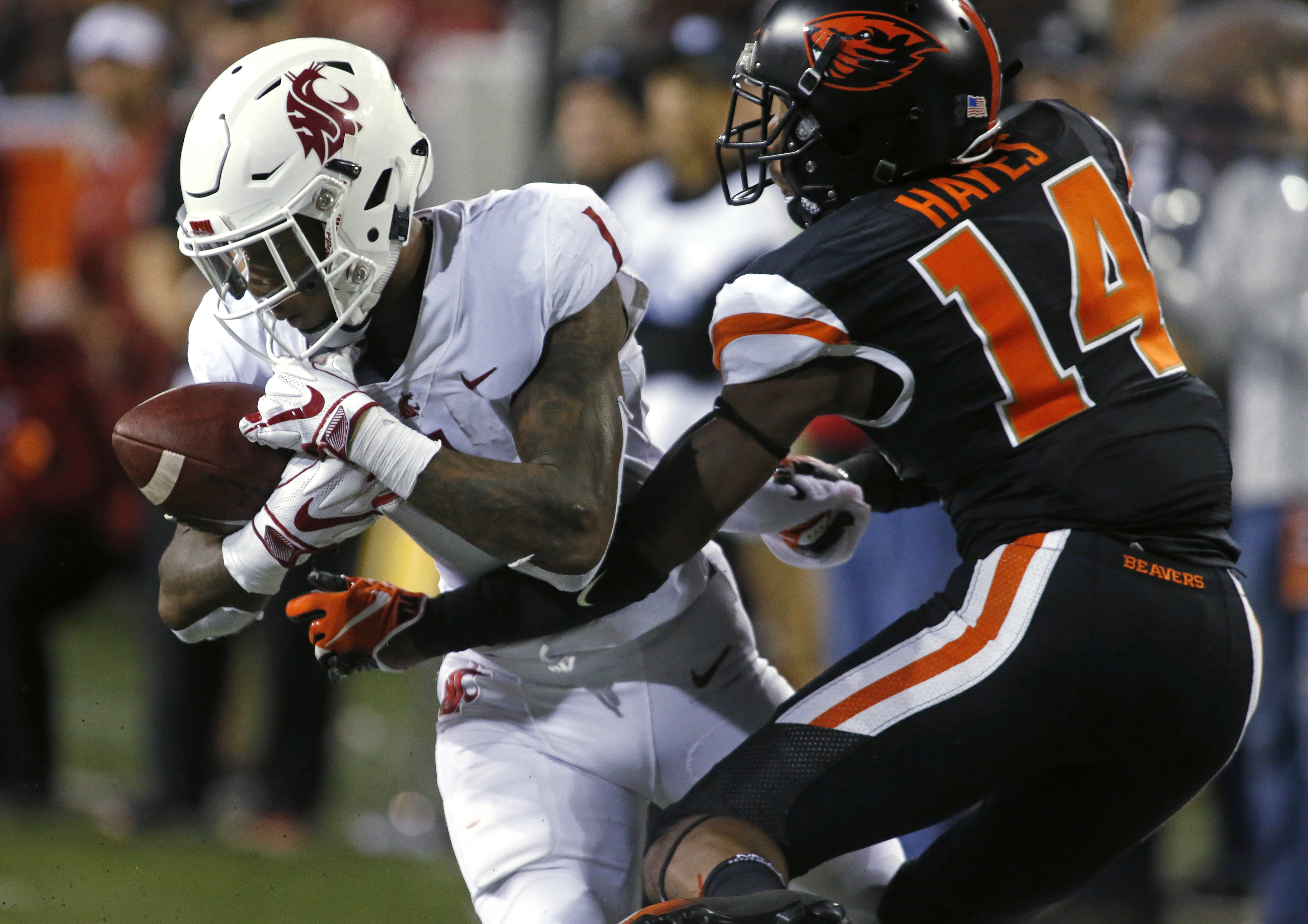 Oregon State cornerback Kaleb Hayes defends Washington State's Tay Martin during a game, Oct. 06, 2018. Hayes, who transferred to BYU in April, is now the No. 2 cornerback at his spot ahead of the Cougars' rivalry game Saturday night with Utah. 