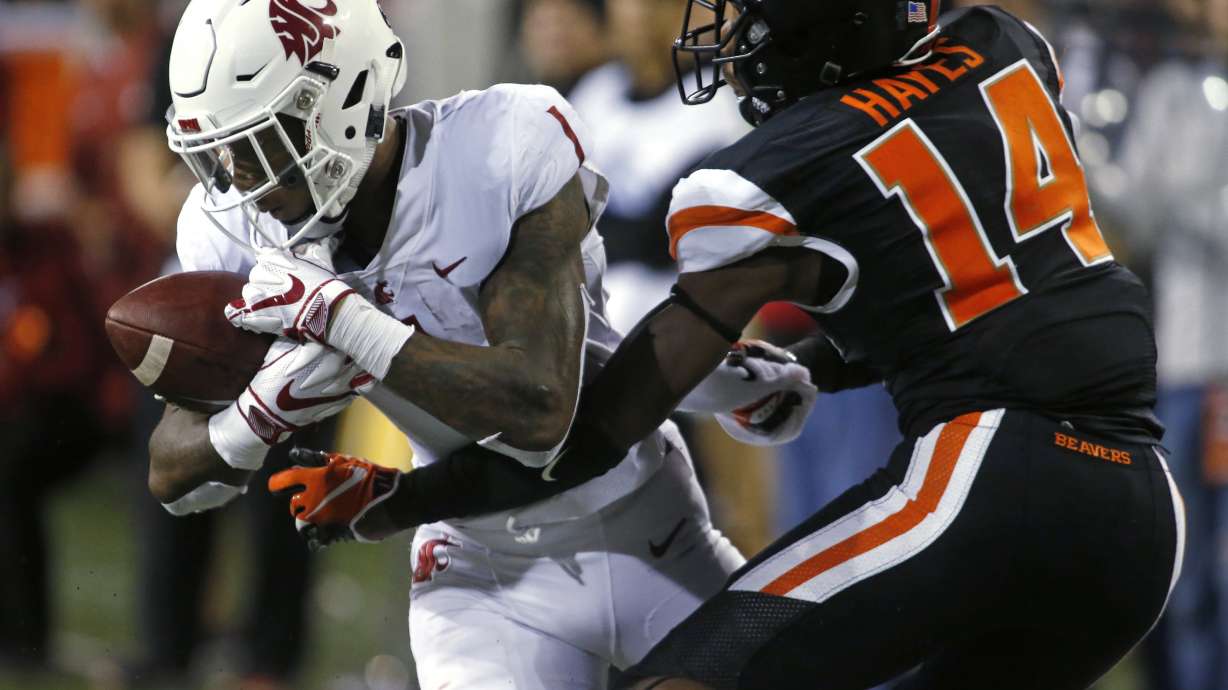 Oregon State cornerback Kaleb Hayes defends Washington State's Tay Martin during a game, Oct. 06, 2018. Hayes, who transferred to BYU in April, is now the No. 2 cornerback at his spot ahead of the Cougars' rivalry game Saturday night with Utah.