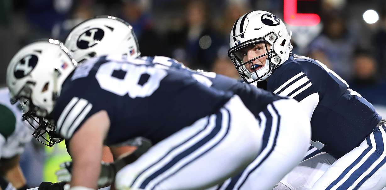 Brigham Young Cougars quarterback Zach Wilson (11) prepares to take the snap as BYU and Hawaii play at LaVell Edwards Stadium in Provo on Saturday, Oct. 13, 2018. BYU won 49-23. (Photo: Scott G Winterton, Deseret News)