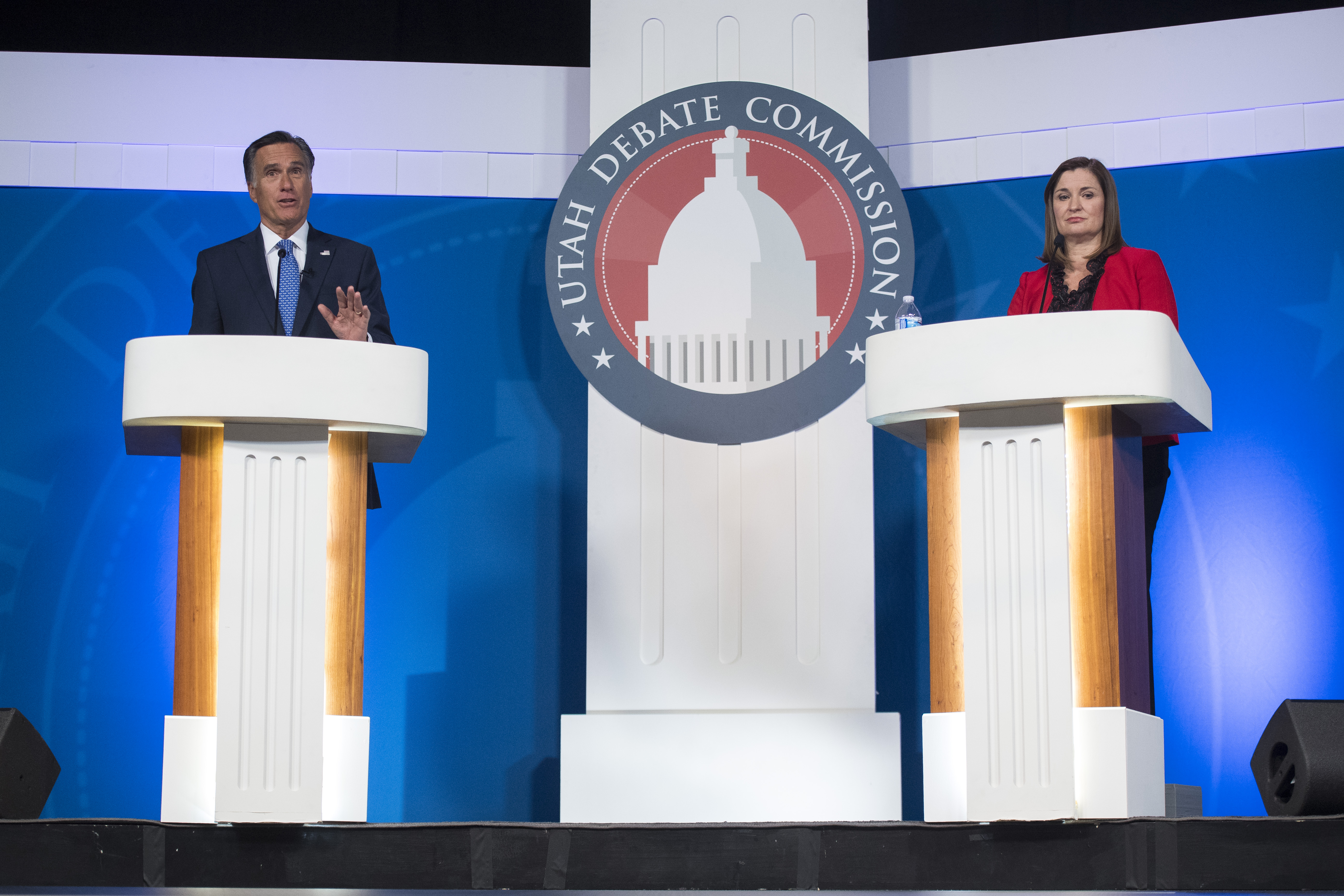 U.S. Senate Candidates Mitt Romney (R) and Jenny Wilson (D) debate in the America First Event Center in Cedar City Tuesday, October 9, 2018. The event is the only televised debate for the candidates before the November 6 election. (Photo: James M. Dobson)
