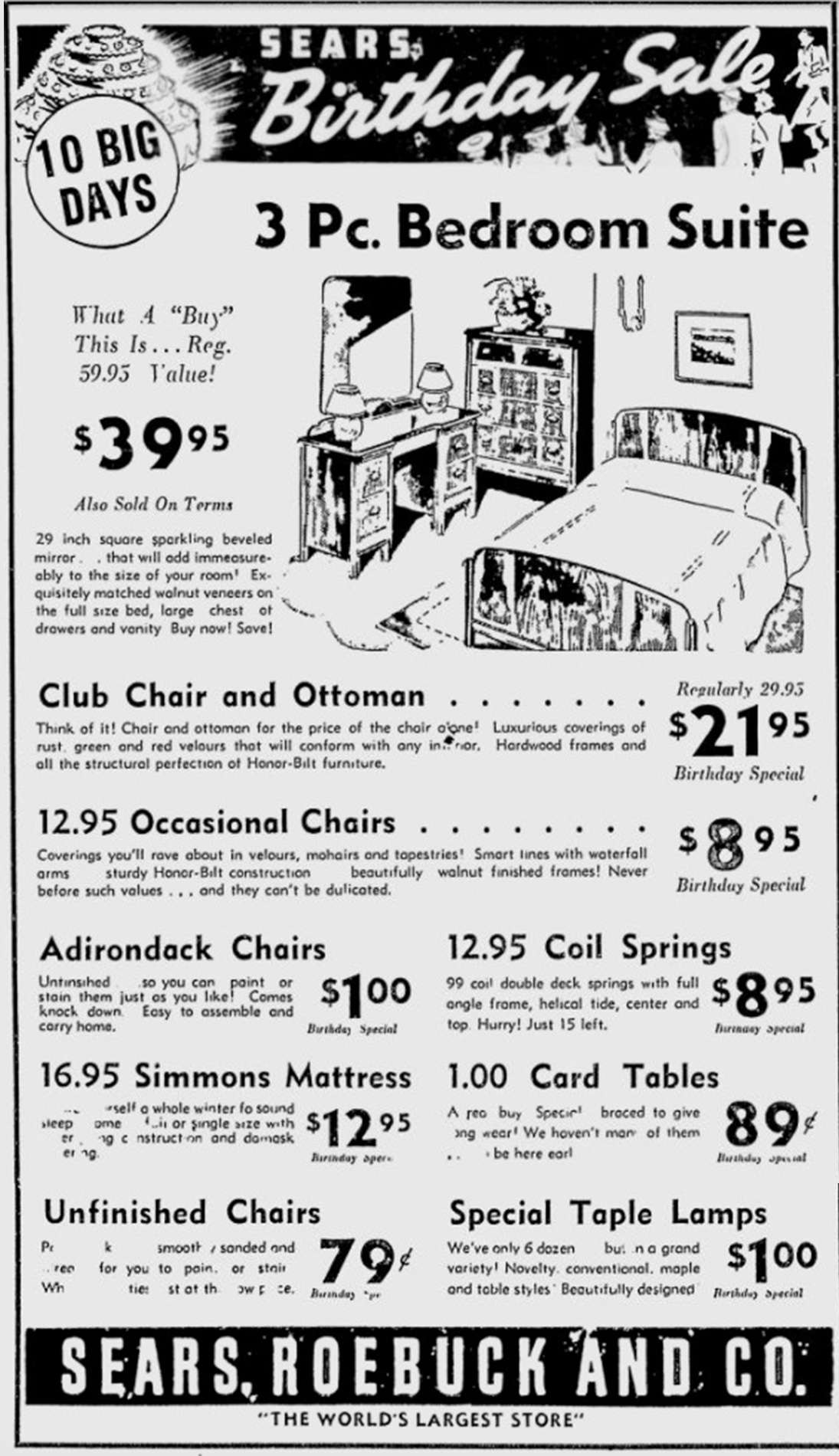 A Sears ad for its "Birthday Sale" that ran in the Sept. 3, 1937, edition of the Deseret News. The company touts of being "the world's largest store" in the advertisement. (Photo: Deseret News Archives)