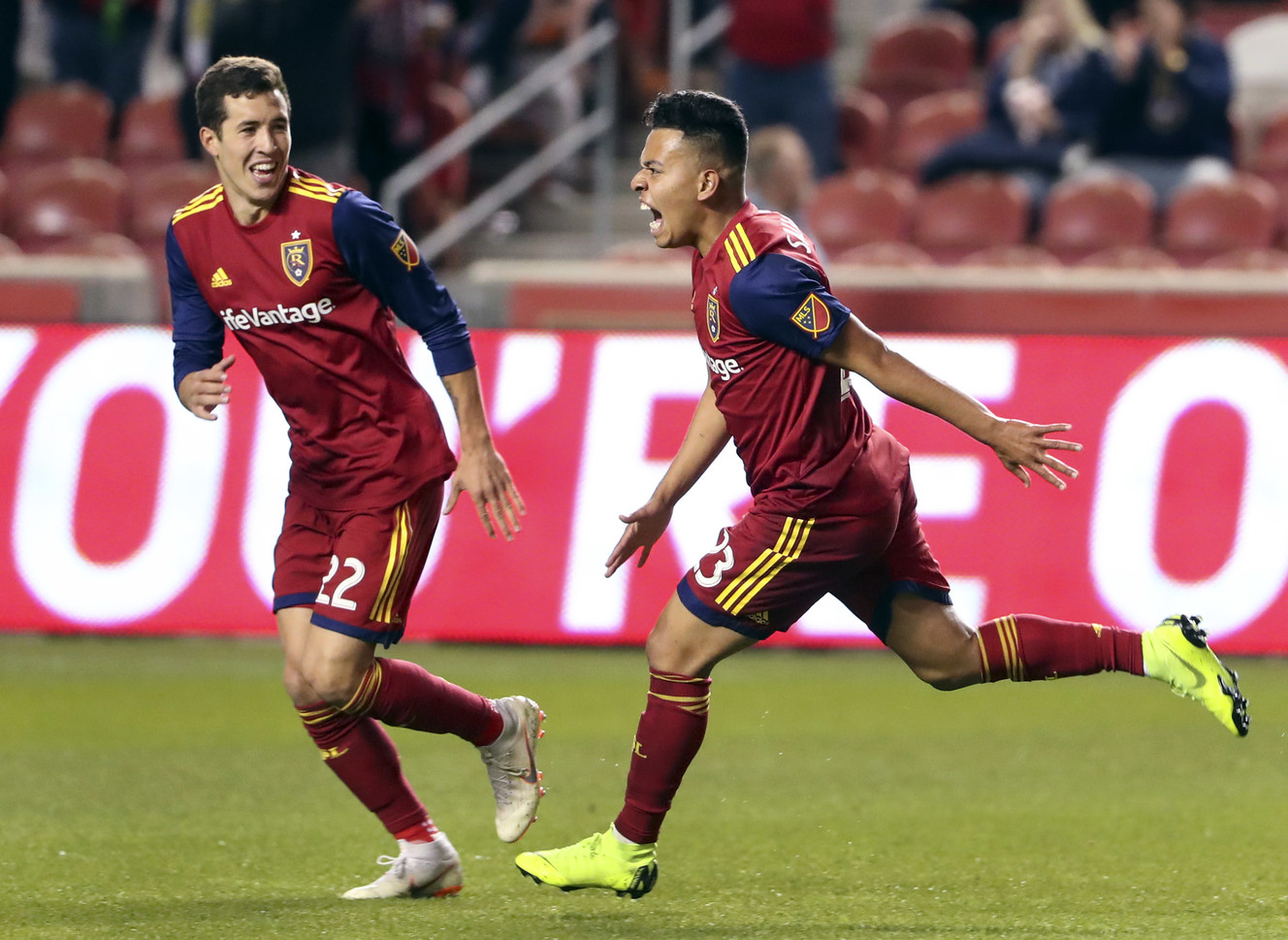 Real Salt Lake midfielder Sebastian Saucedo (23), right, screams with excitement after scoring a goal during the New England Revolution versus Real Salt Lake at soccer match at Rio Tinto Stadium in Sandy on Thursday, Oct. 18, 2018. (Photo: Steve Griffin, Deseret News)