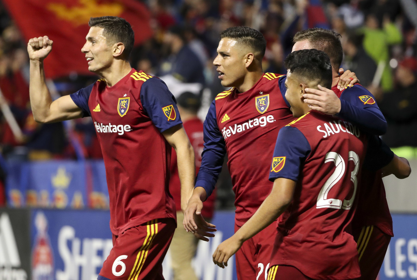 Real Salt Lake midfielder Damir Kreilach (6) pumps his fist as he celebrates a RSL goal during the New England Revolution versus Real Salt Lake at soccer match at Rio Tinto Stadium in Sandy on Thursday, Oct. 18, 2018. (Photo: Steve Griffin, Deseret News)