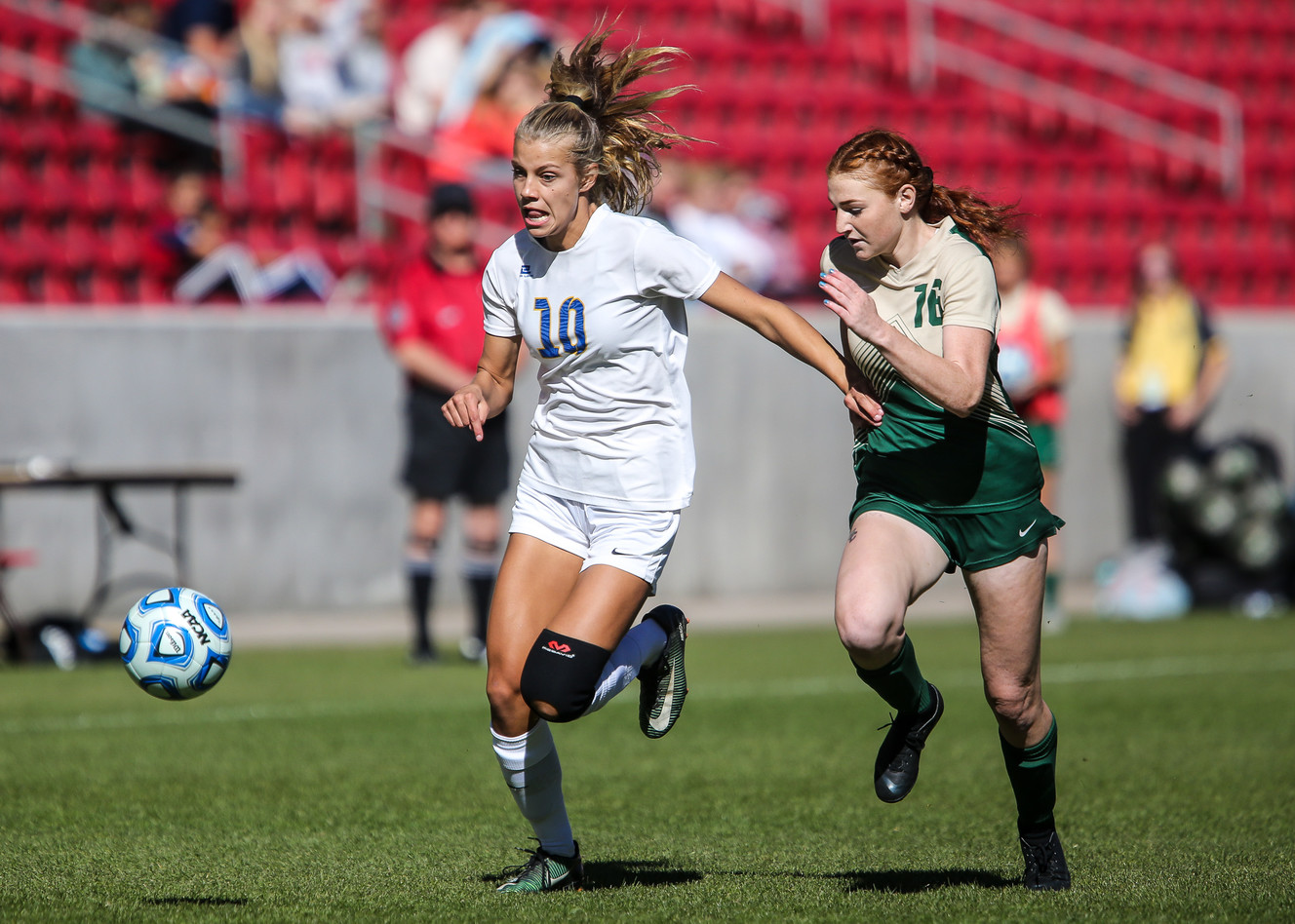 Orem's Taye Raymond (10) and Snow Canyon's Jaicleyn Losee (16) chase the ball during the 4A girls soccer championship at Rio Tinto Stadium in Sandy on Saturday, Oct. 20, 2018. (Photo: Qiling Wang, Deseret News)