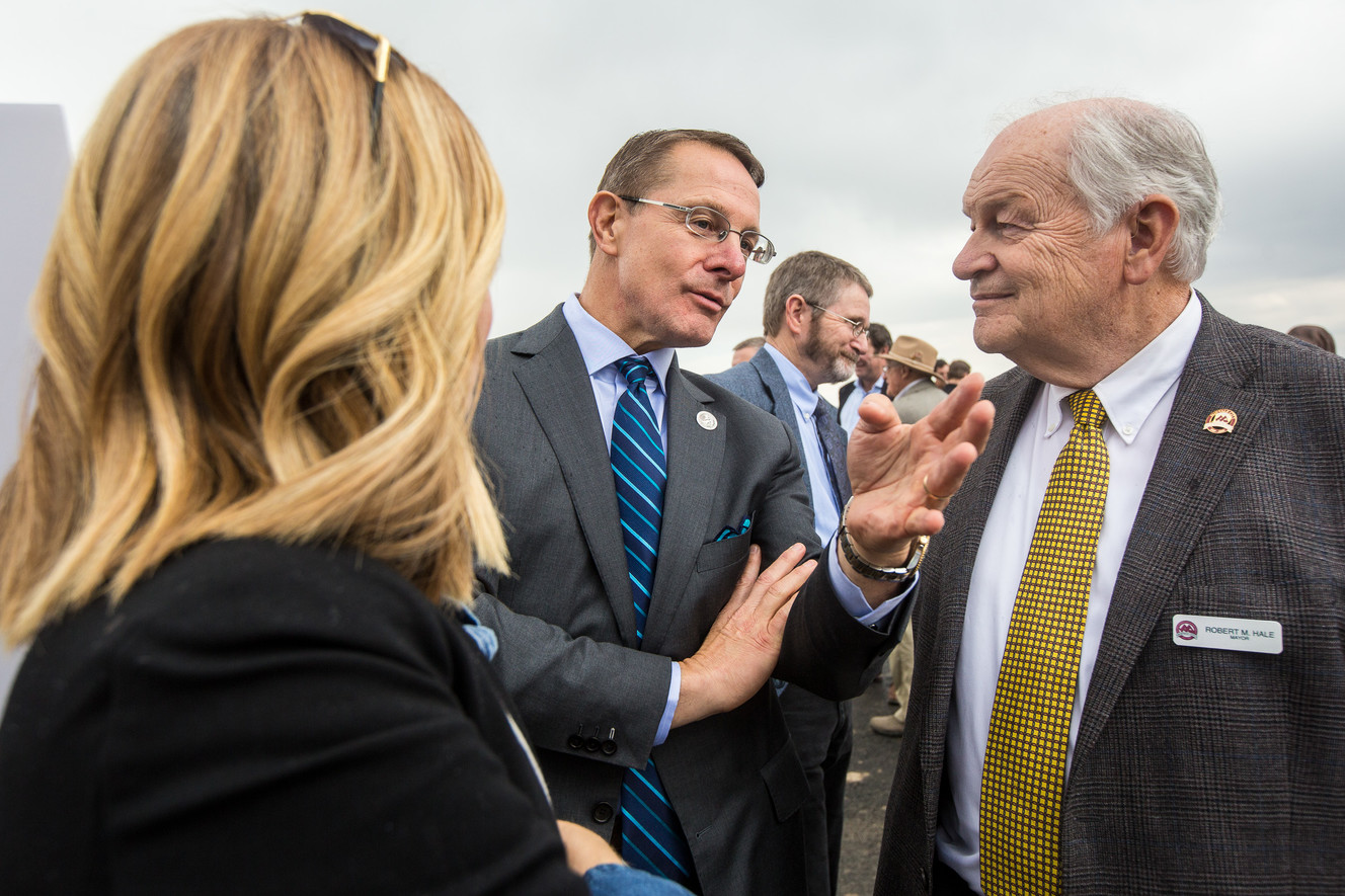 State Rep. Ken Ivory, R-West Jordan, center, and Midvale Mayor Robert Hale, right, discuss phase 2 of View 72 at Jordan Bluffs, a former Environmental Protection Agency Superfund site, in Midvale on Monday, Oct. 22, 2018. (Photo: Qiling Wang, KSL)