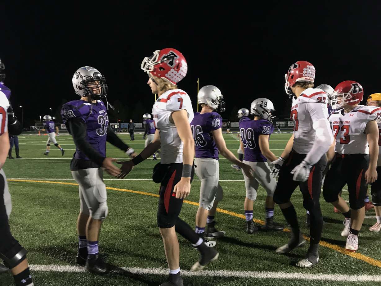 BYU commit Chase Roberts, right, and American Fork quarterback Boone Abbott after the Cavemen's 52-35 win over Riverton in the first round of the Class 6A state playoffs, Friday, Oct. 26, 2018 at Riverton. (Photo: Sean Walker, KSL.com)