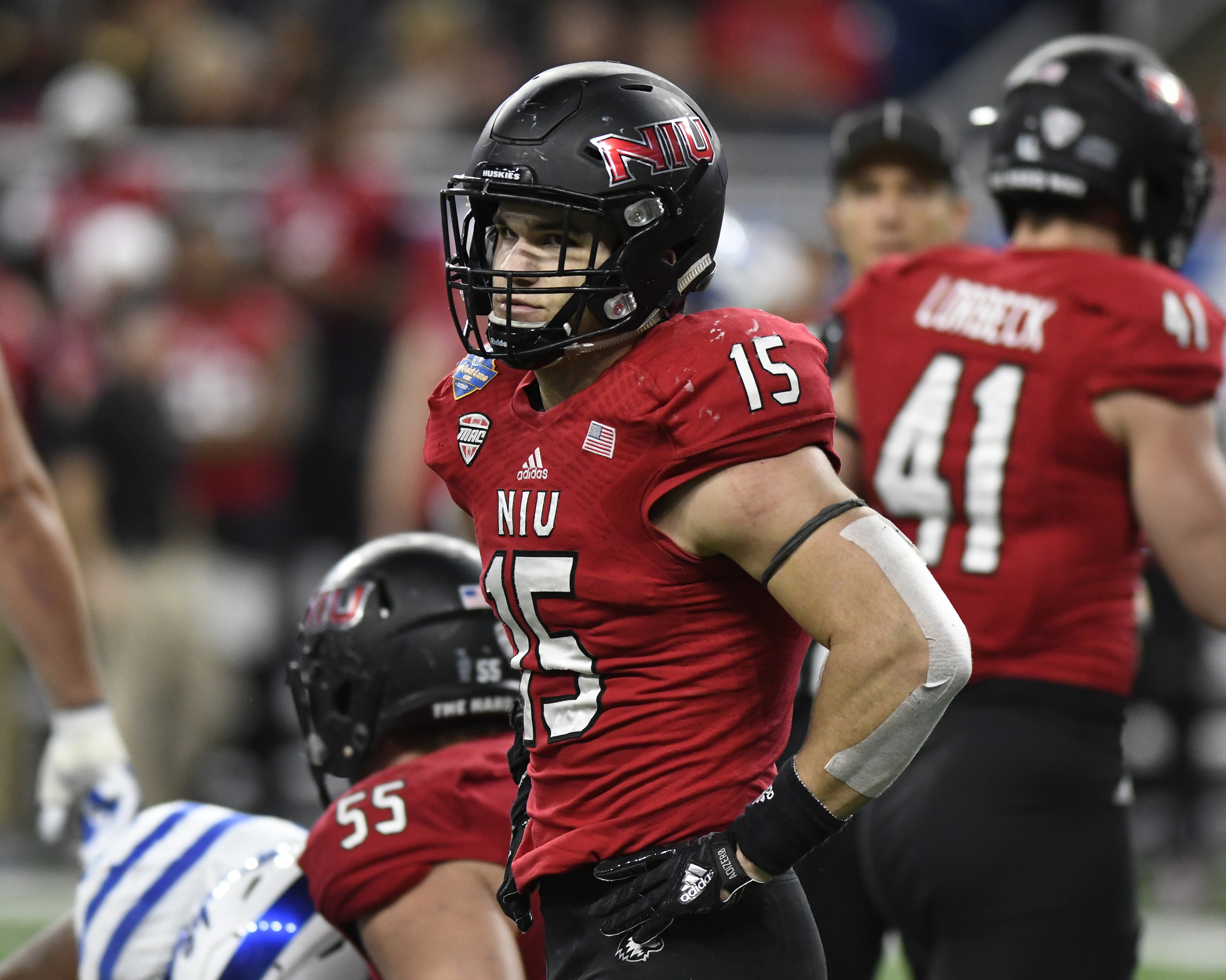 Northern Illinois defensive end Sutton Smith (15) looks at the team bench during a break against the Duke Blue Devils in the first quarter of the Quick Lane Bowl NCAA college football game, Tuesday, Dec. 26, 2017, in Detroit. The Huskies play at BYU on Saturday, Oct. 27,2 018. (Photo: Jose Juarez, AP)
