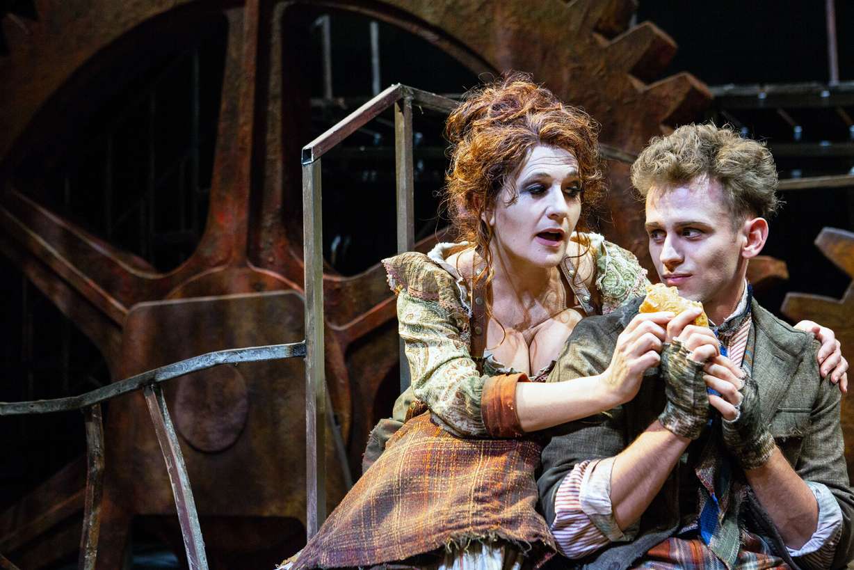 Anne Tolpegin (left) as Mrs. Lovett and Blake Stadnik as Tobias Ragg in “Sweeney Todd. (Photo: Courtesy of Pioneer Theatre Company)