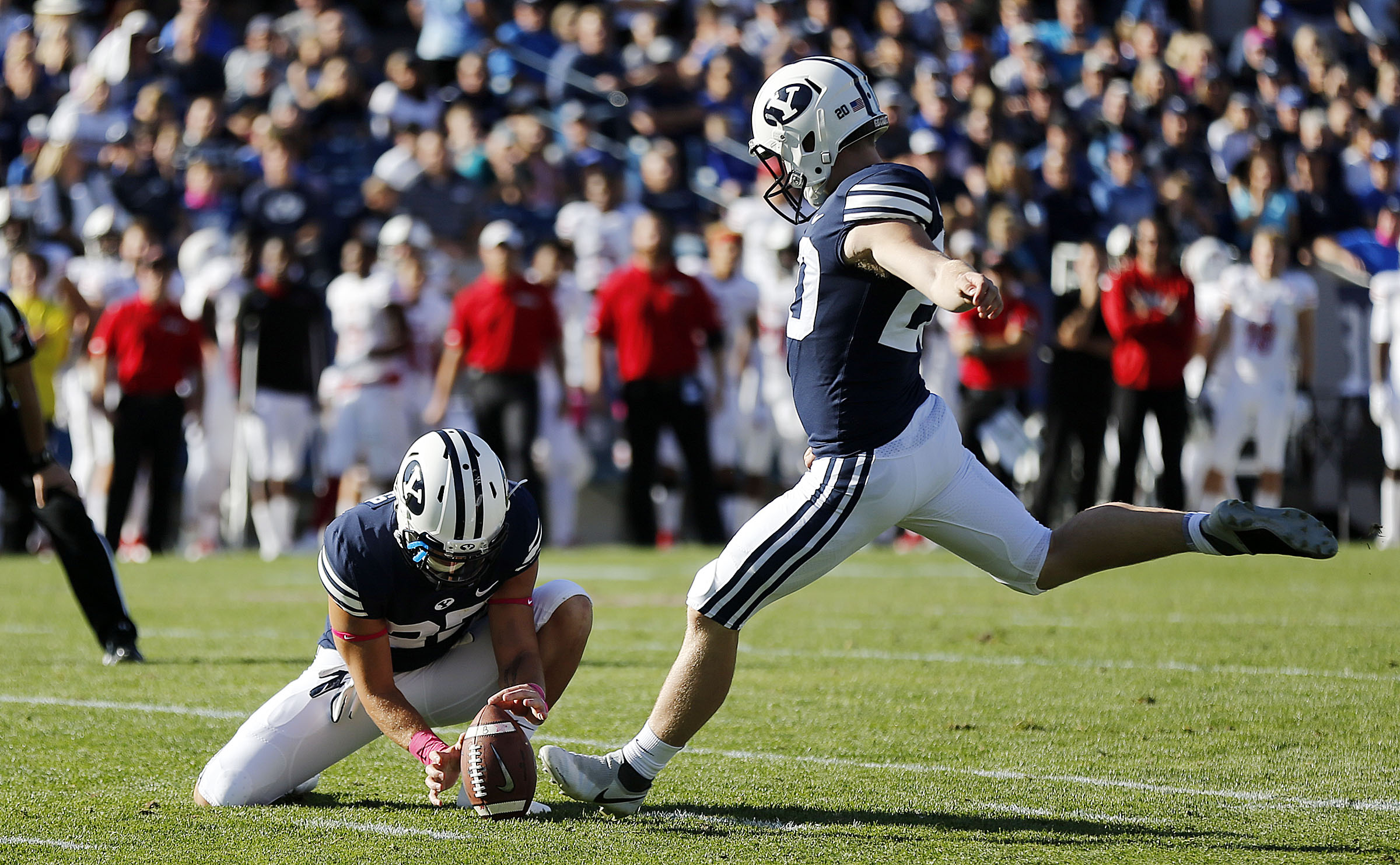 BYU place kicker Skyler Southam hits a field goal against the Northern Illinois Huskies during NCAA football in Provo on Saturday, Oct. 27, 2018. (Photo: Ravell Call, Deseret News)