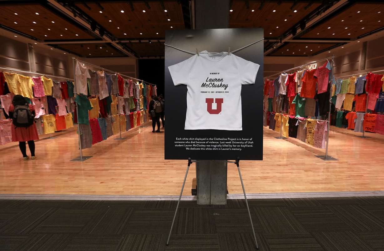 A shirt in memory of Lauren McCluskey, who was recently murdered by an ex-boyfriend at the University of Utah, is on display at the Clothesline Project at Utah Valley University in Orem on Wednesday, Oct. 31, 2018. (Photo: Kristin Murphy, KSL)