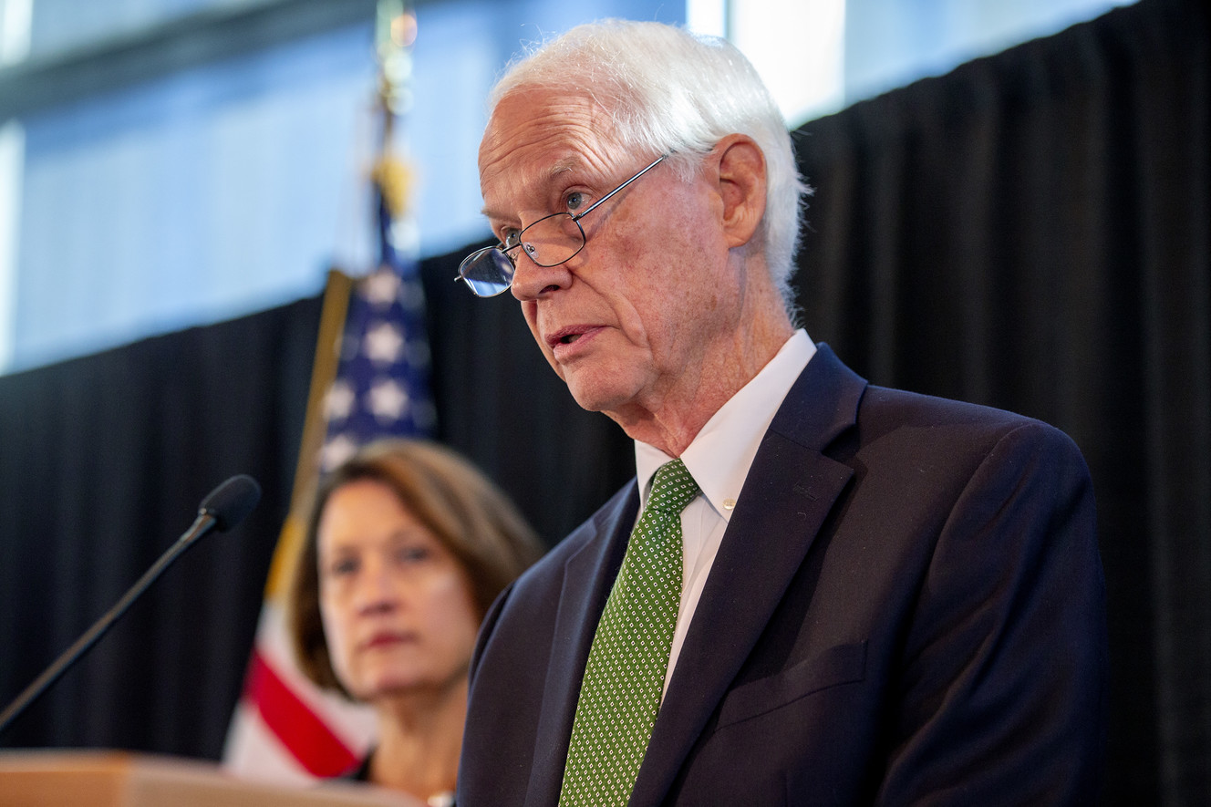 Investigation leader John T. Nielsen former commissioner of the Utah Department of Public Safety, and retired attorney talks with media after University of Utah President Ruth V. Watkins announced that two independent reviews will take place looking into the university police’s handling of the fatal shooting of Lauren McCluskey and overall campus safety. Photo: Scott G Winterton, KSL