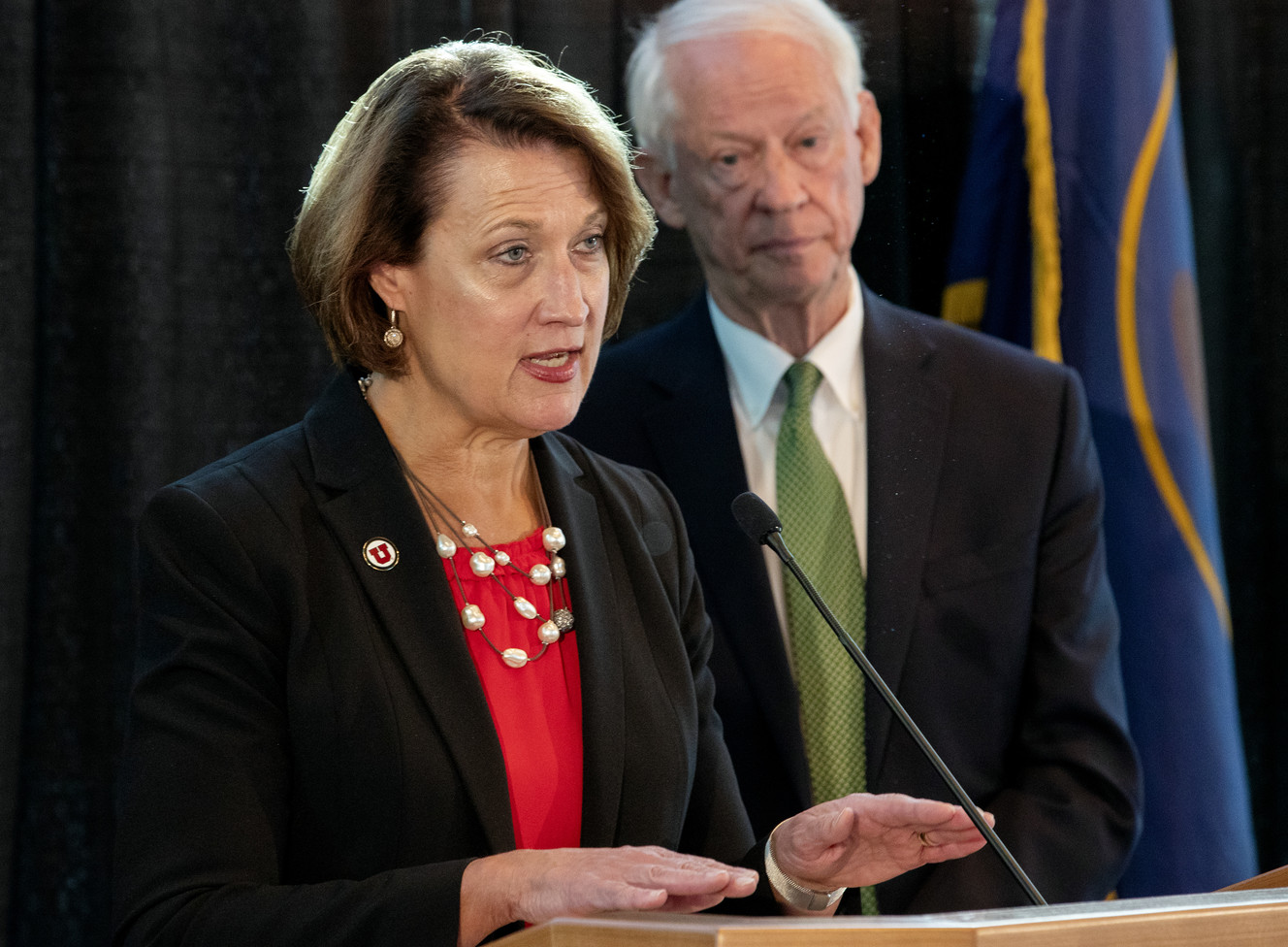 University of Utah President Ruth V. Watkins announces that two independent reviews will take place looking into the university police’s handling of the fatal shooting of Lauren McCluskey and overall campus safety, both headed by John T. Nielsen, former former commissioner of the Utah Department of Public Safety and retired attorney, during a press conference in Salt Lake City on Friday, Nov. 2, 2018. (Photo: Scott G Winterton, KSL)