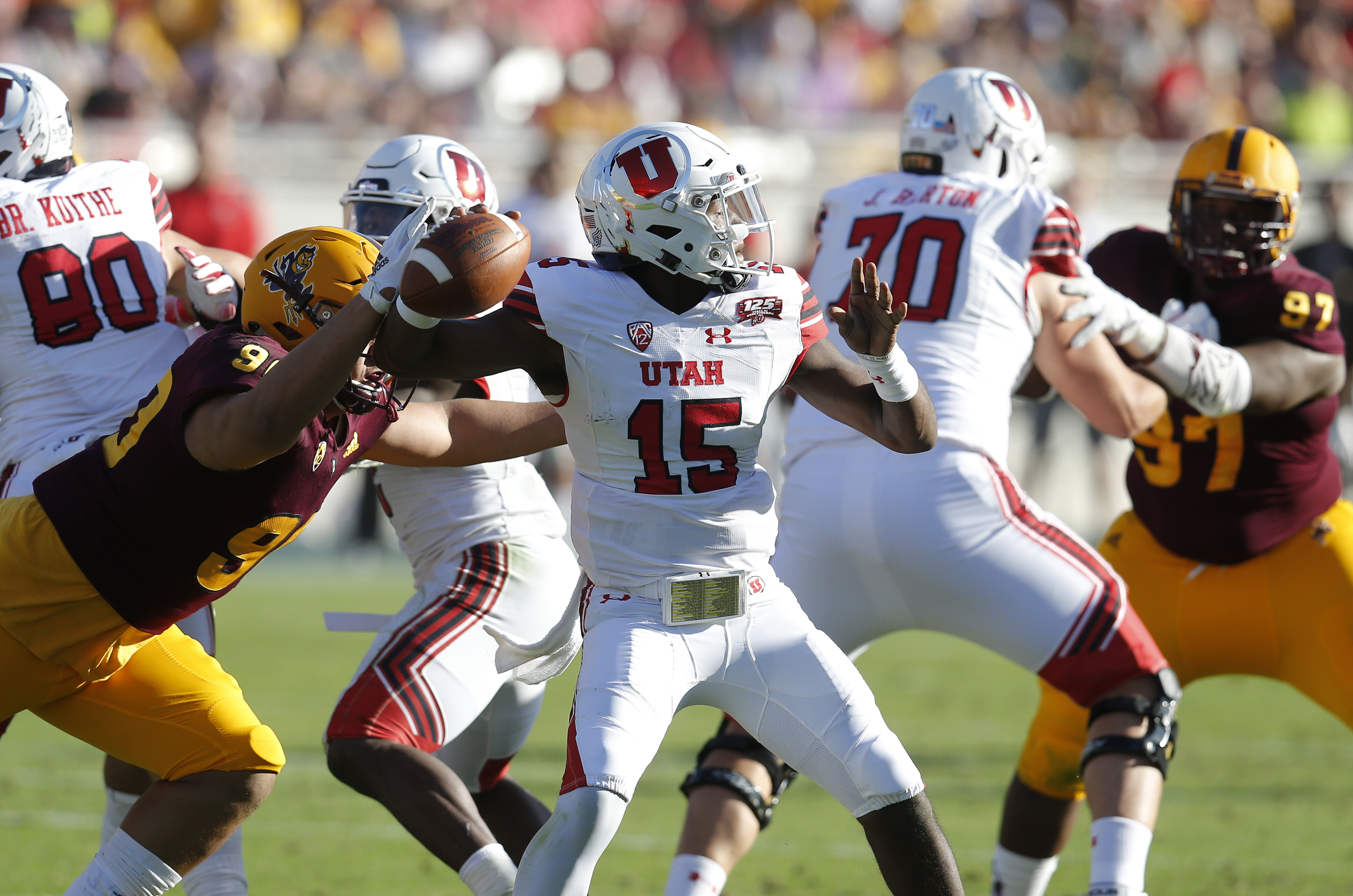 Utah quarterback Jason Shelley (15) in the second half during an NCAA college football game against Arizona State, Saturday, Nov 3, 2018, in Tempe, Ariz. (Rick Scuteri, AP Photo)