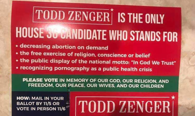 Todd Zenger's campaign flyer quotes The Book of Mormon to criticize his Jewish opponent, Patrice Arent. (Photo: KSL Newsradio)