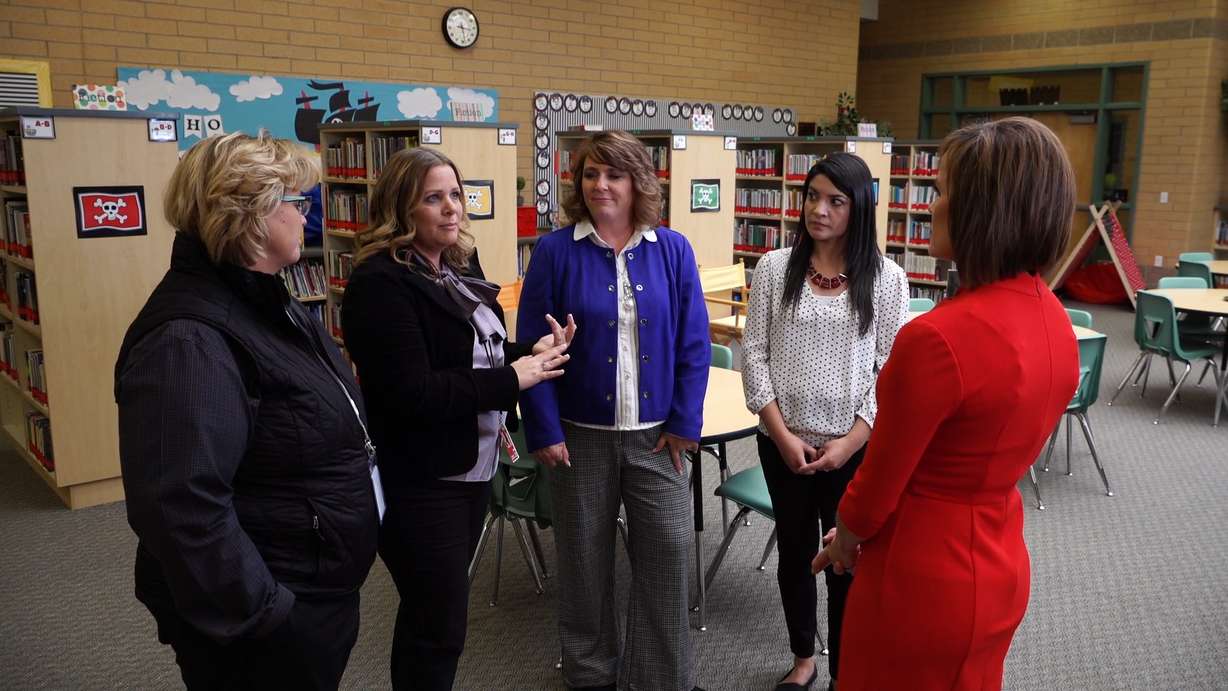 KSL's Deanie Wimmer speaks with four new elementary counselors in the Alpine School District Monday, Nov. 5, 2018. Photo: KSL TV
