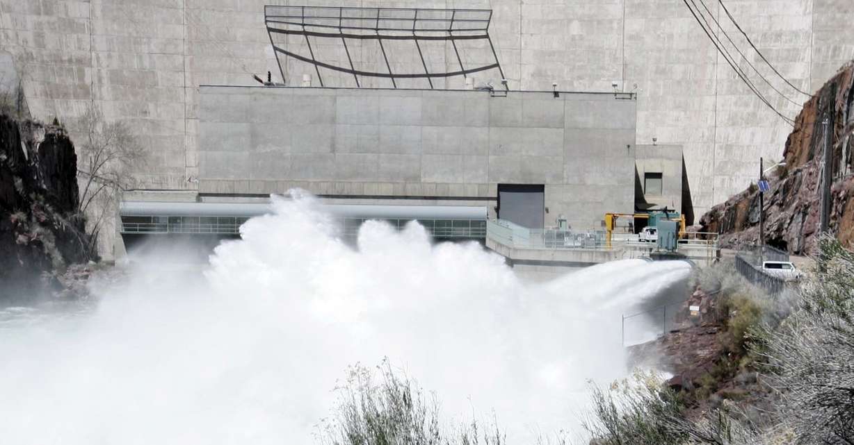 Open flow tubes release water from Flaming Gorge Dam on Wednesday, May 4, 2011. Photo: Alex Cabrero, KSL TV