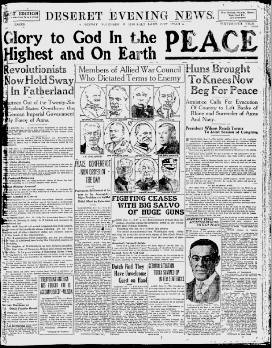 The front page of the evening edition of the Deseret News on Nov. 11, 1918. (Photo: Deseret News Archives)