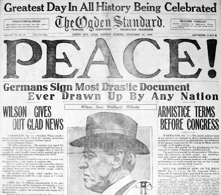 The front page of the Ogden Standard Daily on Nov. 11, 1918. (Photo: Utah Digital Newspapers)