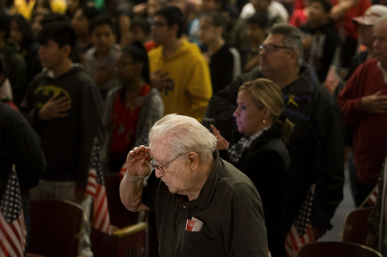 World War II veteran Stirley Pulver, of South Salt Lake, attends the second annual Veterans Day celebration at Granite Park Junior High School in Salt Lake City on Thursday, Nov. 8, 2018. (Photo: Laura Seitz, KSL)