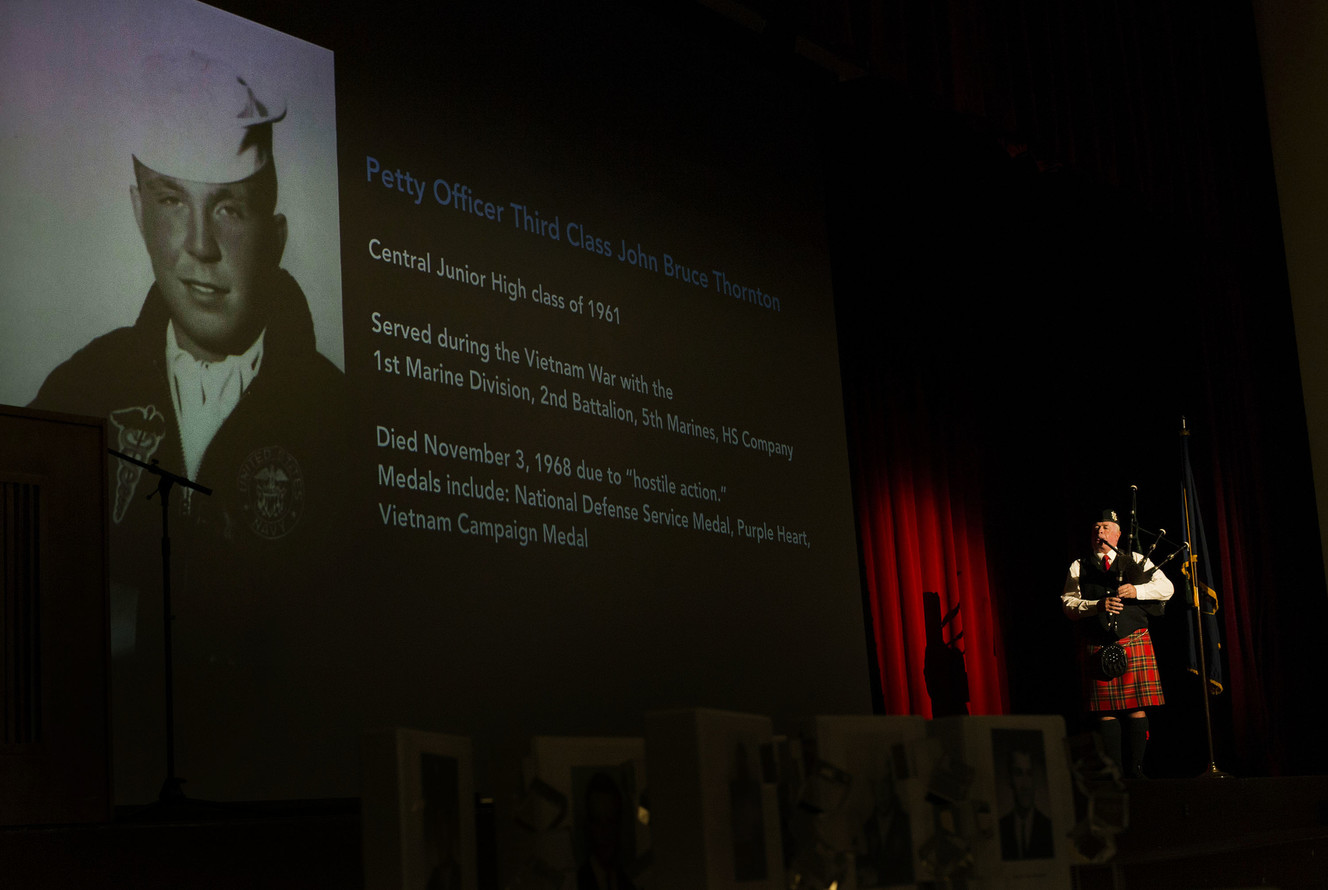 Petty Officer 3rd Class John Bruce Thornton, a 1961 Granite Park Junior School High graduate, is honored during the second annual Veterans Day celebration at the school in Salt Lake City on Thursday, Nov. 8, 2018. (Photo: Laura Seitz, KSL)