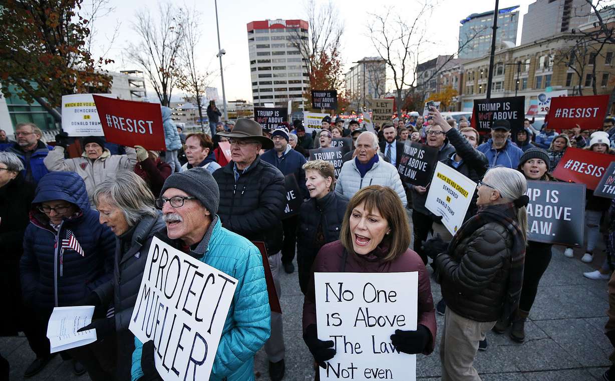 Protesters rally in Salt Lake City on Thursday, Nov. 8, 2018, following the resignation of Attorney General Jeff Sessions. At front are Stephen Trimble and Nancy Olson. (Photo: Ravell Call, KSL)