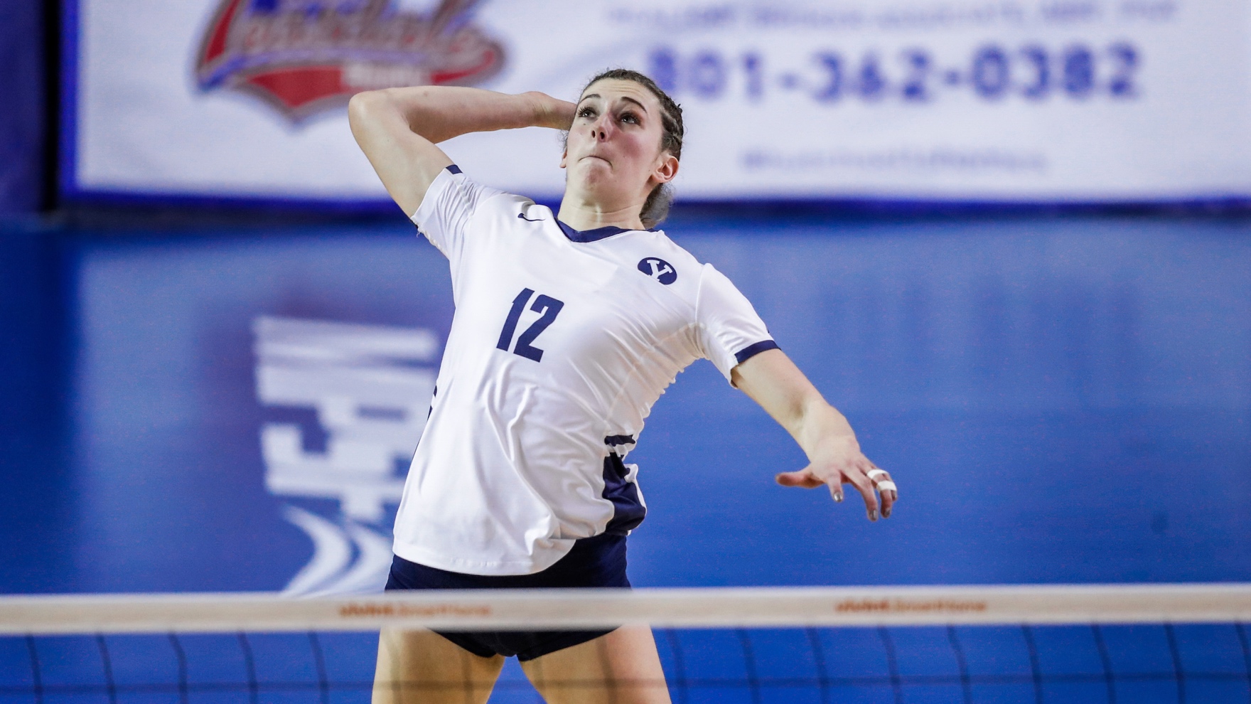 BYU senior outside hitter Roni Jones-Perry lays down a kill during a 3-0 sweep of San Francisco, Saturday, Nov. 10, 2018 in the Smith Fieldhouse in Provo. (Courtesy: BYU Photo)