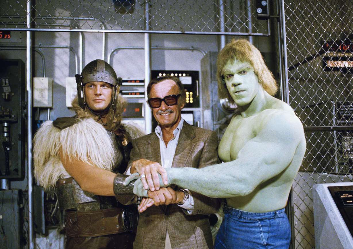In this May 9, 1988, file photo, comics impresario Stan Lee, center, poses with Lou Ferrigno, right, and Eric Kramer who portray 'The Incredible Hulk' and Thor, respectively. Photo: AP Photo