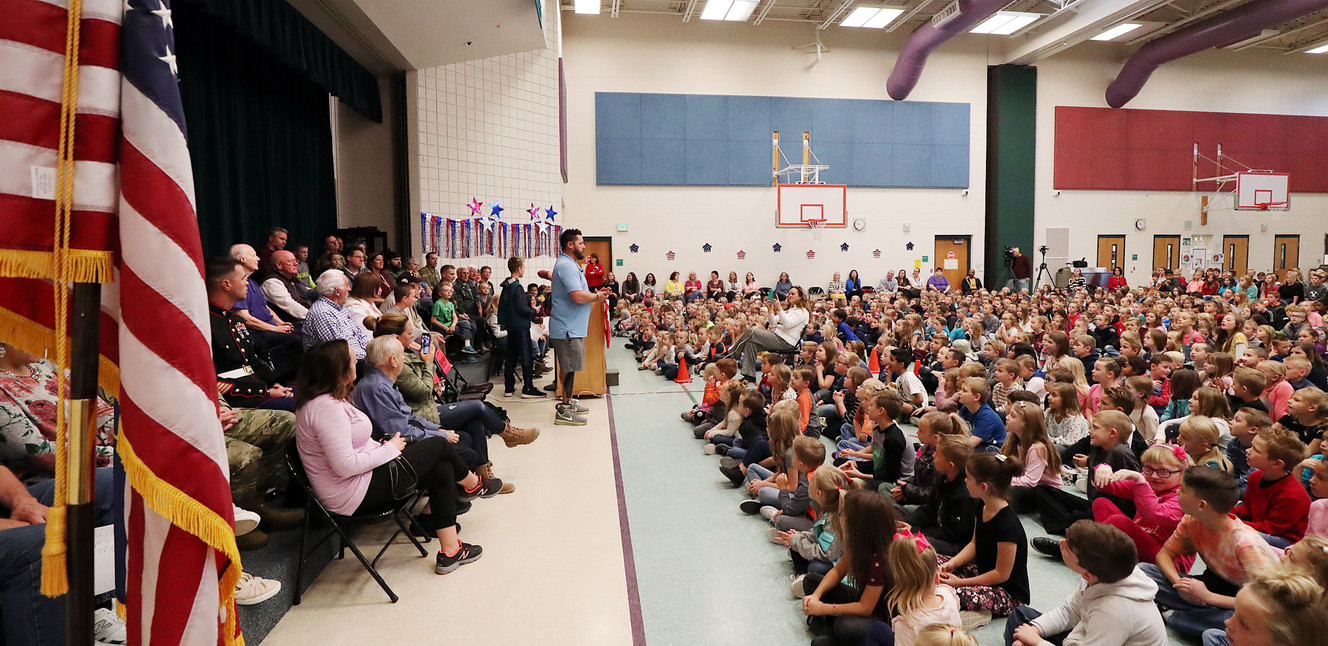 Army Spc. and Purple Heart recipient Bryant Jacobs speaks during an assembly honoring veterans at Midas Creek Elementary in Riverton on Monday, Nov. 12, 2018. (Photo: Ravell Call, KSL)