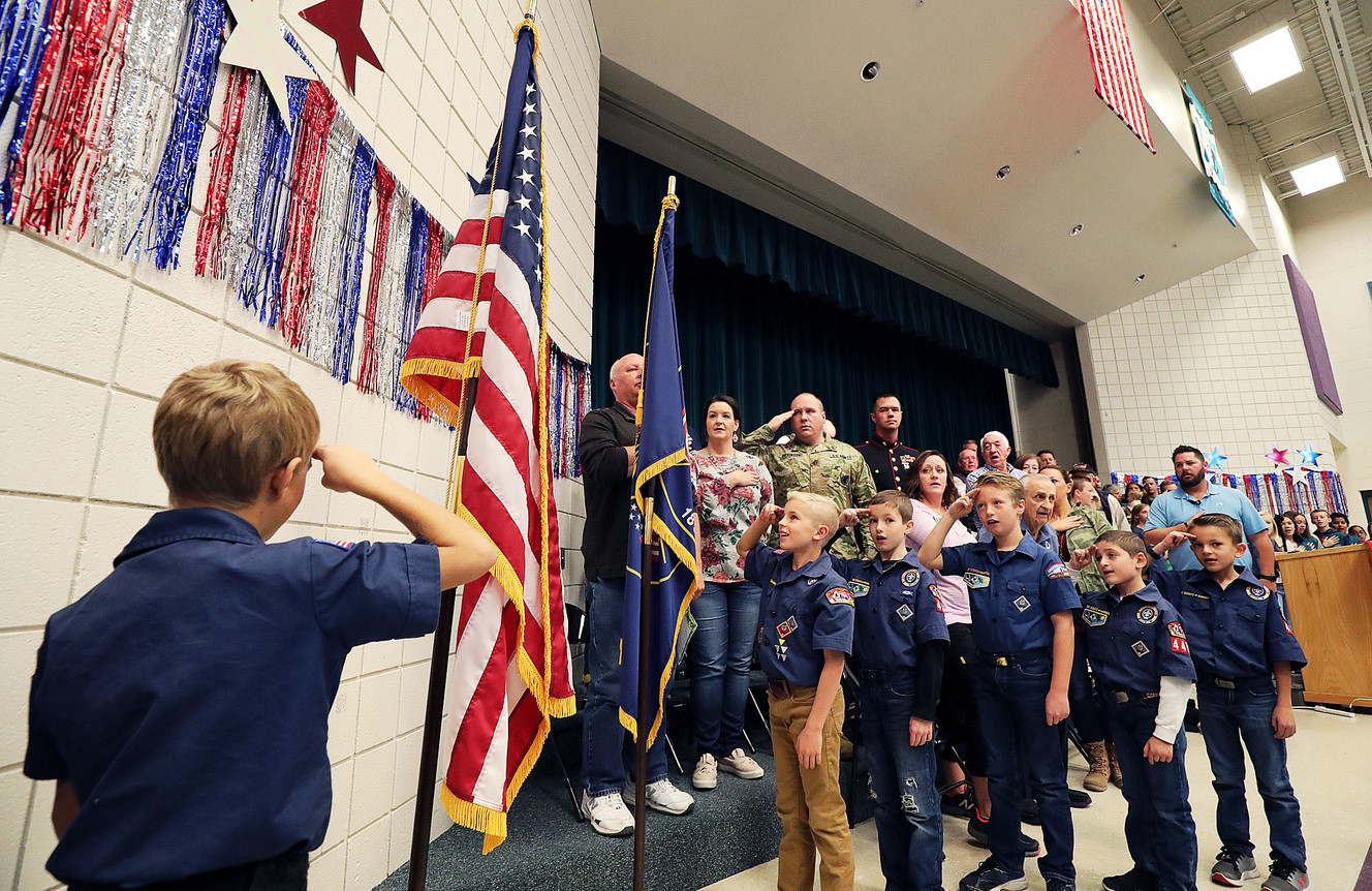 Cub Scouts lead a flag ceremony during an assembly honoring veterans at Midas Creek Elementary in Riverton on Monday, Nov. 12, 2018. (Photo: Ravell Call, KSL)