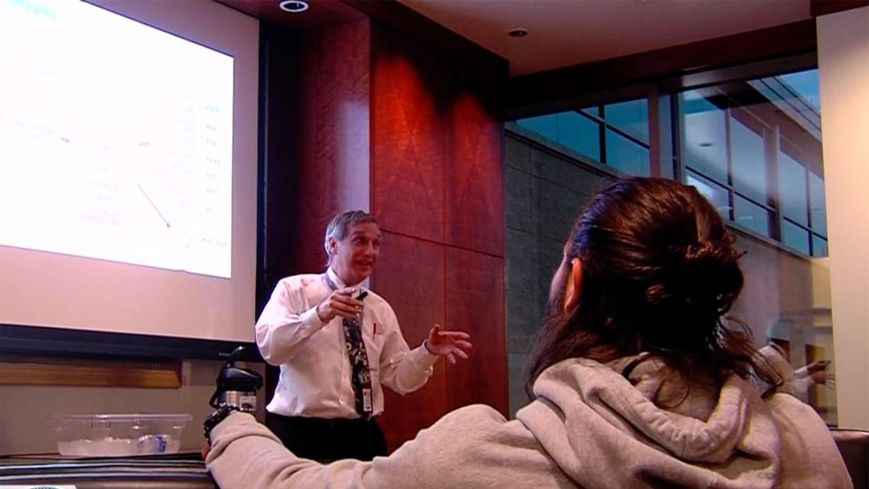 As part of his visit to the Huntsman Cancer Institute, Utah Jazz point guard Ricky Rubio also met with doctors, nurses and researches to learn more about the dreaded disease. (Photo: Jeremiah Jensen, KSL TV)