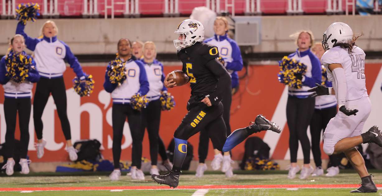 Orem's quarterback Cooper Legas breaks away for a touchdown run as Orem and Pine View play in 4A semifinal football action at Rice Eccles Stadium at the University of Utah in Salt Lake City on Friday, Nov. 9, 2018. Orem won 62-20. (Photo: Scott G Winterton, Deseret News)