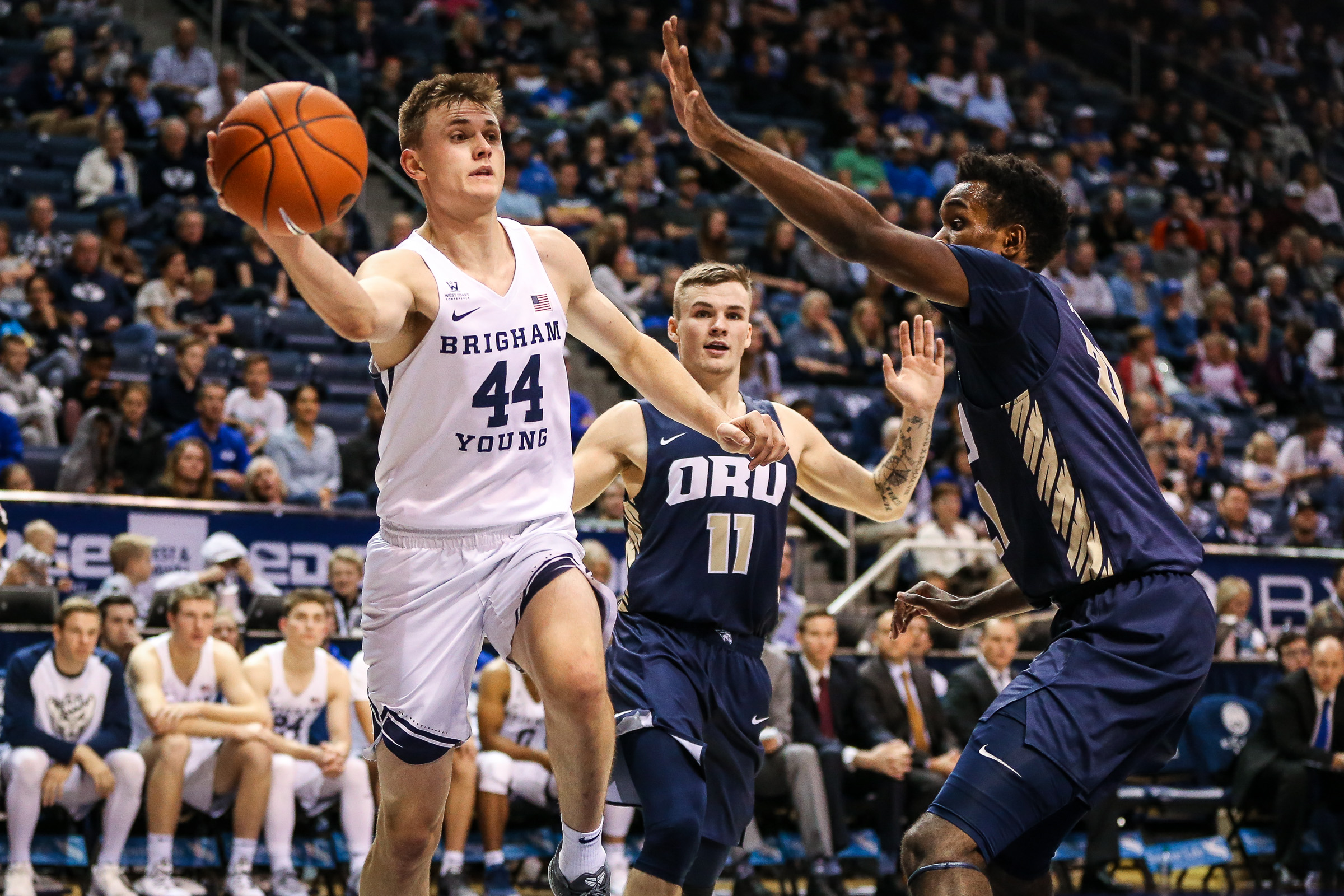BYU guard Connor Harding (44) passes the ball during a basketball game against ays up the ball against Oral Roberts at Marriott Center in Provo on Thursday, Nov. 15, 2018. (Photo: Qiling Wang, Deseret News)