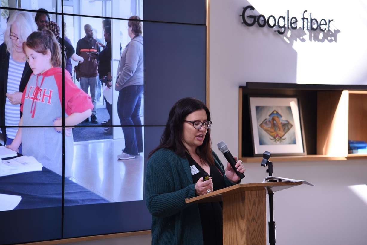 Shauna Edson, member of Utah Communities Connect and part of Salt Lake City Public Library, speaks at the digital equity event in Salt Lake Nov. 6. (Photo: Bryton Sampson, Salt Lake City Public Library)
