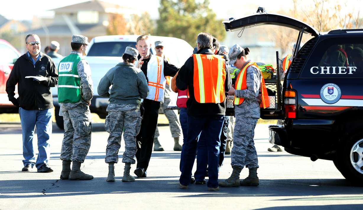 Emergency response personnel from Hill Air Force Base and West Haven test their ability to jointly respond to a major accident during an exercise in West Haven on Friday, Nov. 16, 2018. The exercise revolved around an F-35 mishap. (Photo: Laura Seitz, KSL)