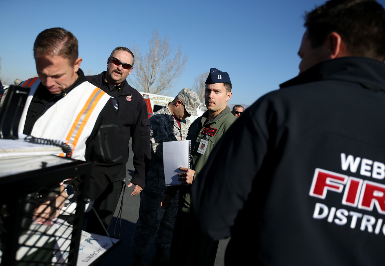 Emergency response personnel from Hill Air Force Base and West Haven test their ability to jointly respond to a major accident during an exercise in West Haven on Friday, Nov. 16, 2018. The exercise revolved around an F-35 mishap. (Photo: Laura Seitz, KSL)