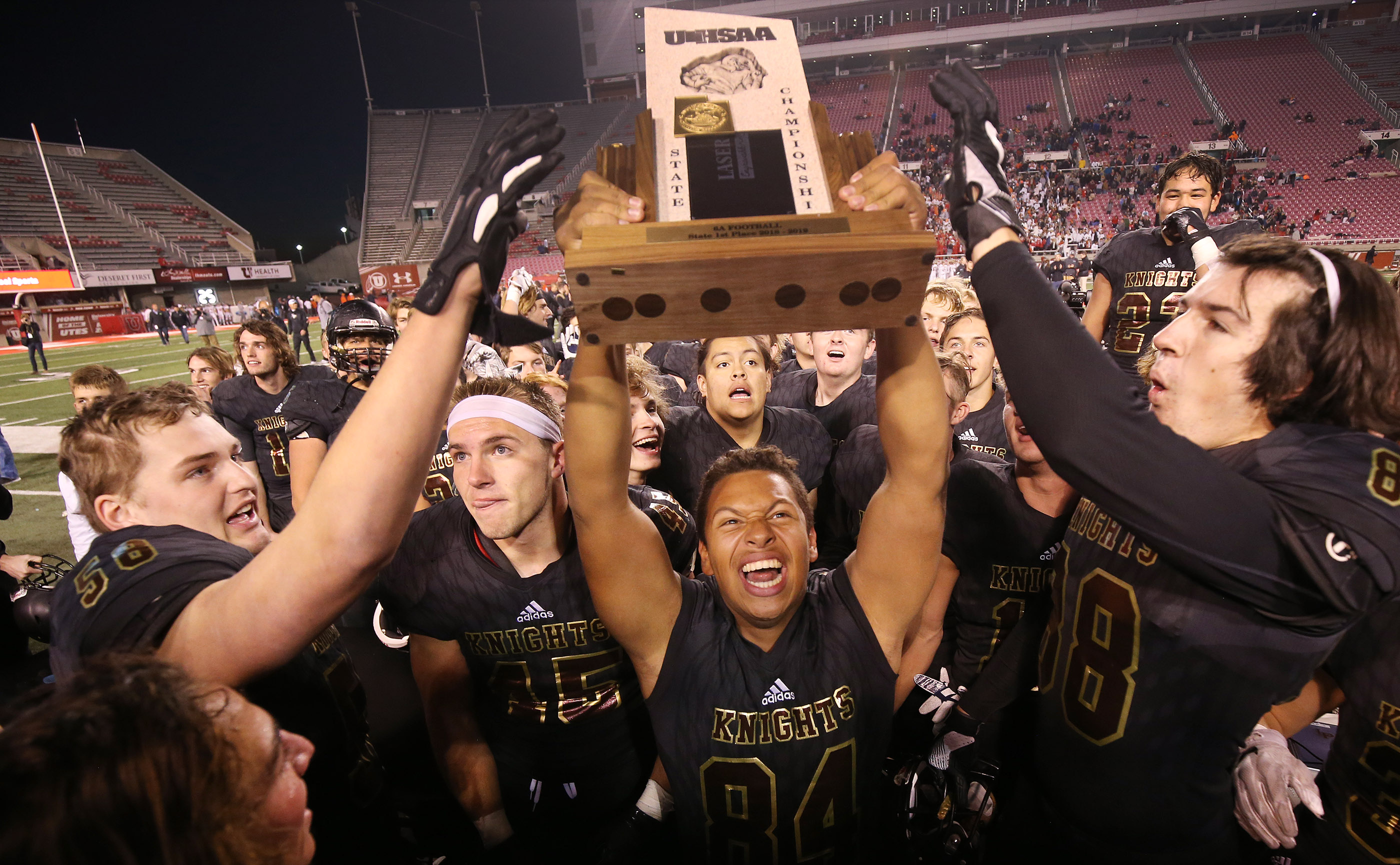 Lone Peak celebrate their won over American Fork during the 6A championship game in Salt Lake City on Friday, Nov. 16, 2018. (Photo: Jeffrey D. Allred, KSL)