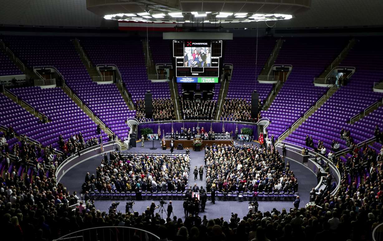 The flag-draped casket of Maj. Brent Taylor is carried into the Dee Events Center for his funeral in Ogden on Saturday, Nov. 17, 2018. (Photo: Spenser Heaps, KSL)