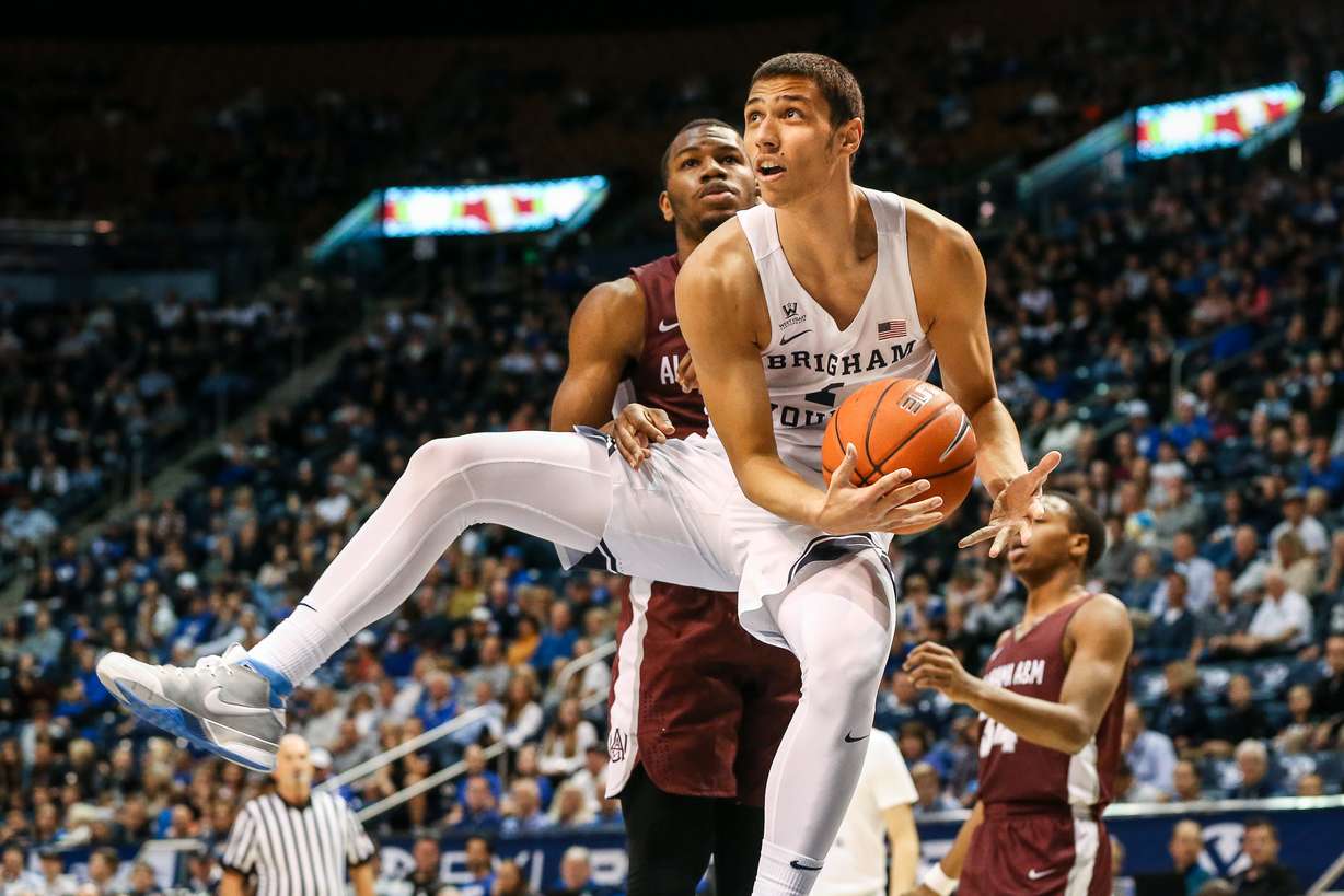 BYU guard Rylan Bergersen (1) attempts a lay-up during a basketball game against Alabama A&M Bulldogs at Marriott Center in Provo on Saturday, Nov. 17, 2018. (Photo: Qiling Wang, Deseret News)