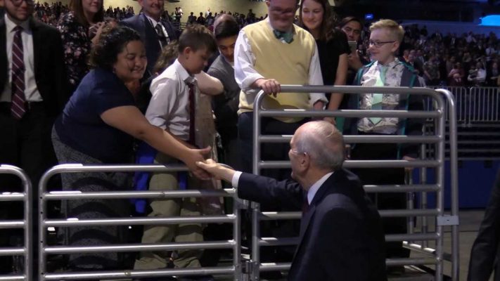 President Russell M. Nelson of The Church of Jesus Christ of Latter-day Saints greets people after speaking at the Alamodome in San Antonio, Texas Sunday, Nov. 18, 2018. Photo: KSL TV