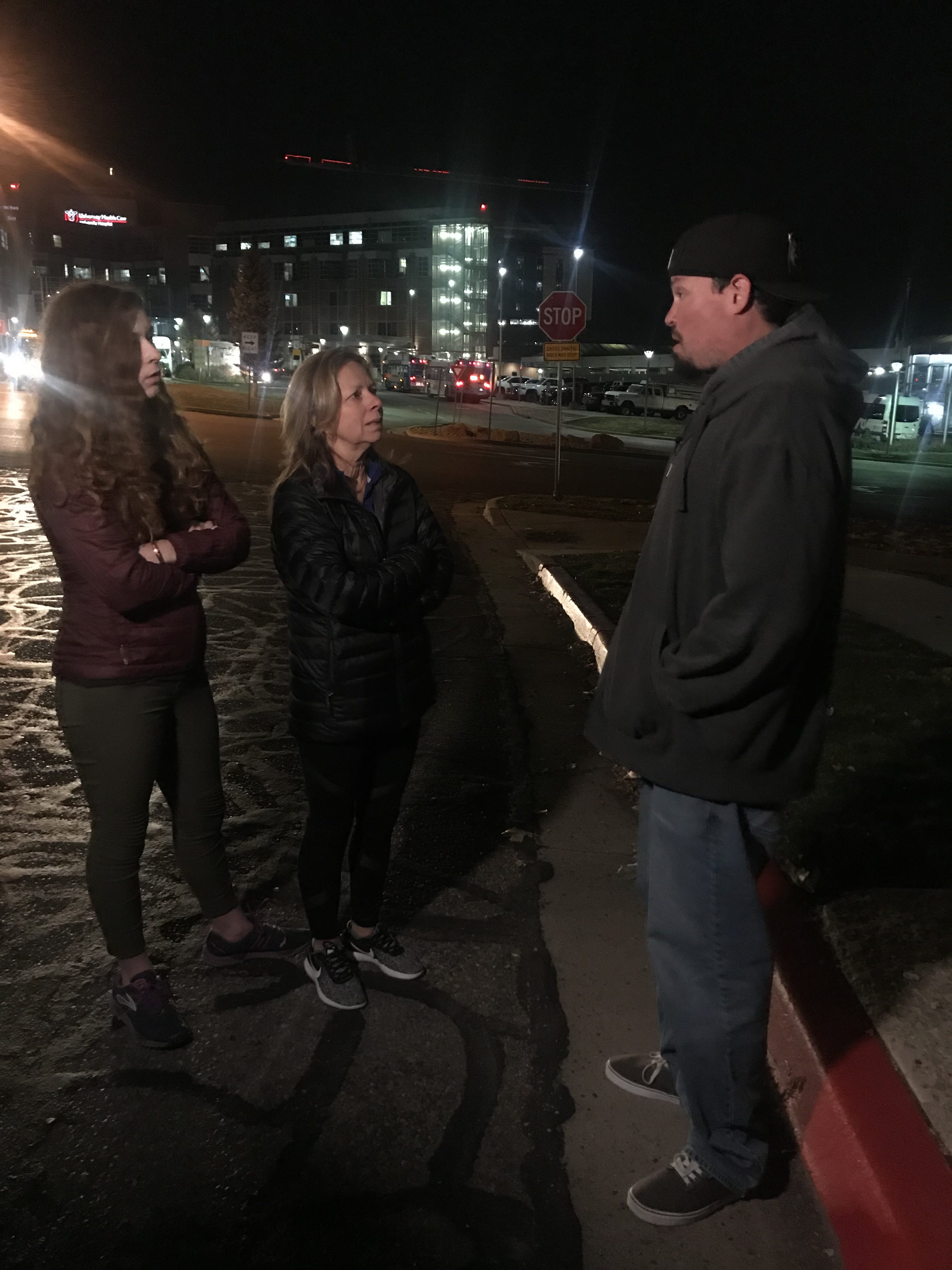 Blake Grundvig (right) meets Andrea Green's mother and sister outside of University of Utah Hospital where Green is recovering from injuries she suffered in a crash near Strawberry Reservoir. Green's family is thankful Grundvig sprung into action and helped put out a fire in the crash before emergency crews arrived. (Photo: KSL TV)