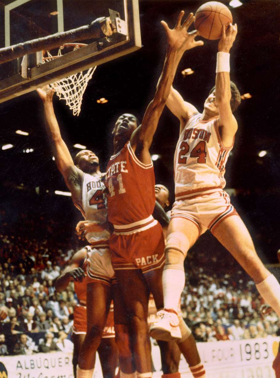 Thurl Bailey (#41) with North Carolina State and Dave Rose (#24) of Houston in the 1983 NCAA Championship game. For story by Scott Taylor. 3.10.03 (Courtesy photo: Dave Rose)