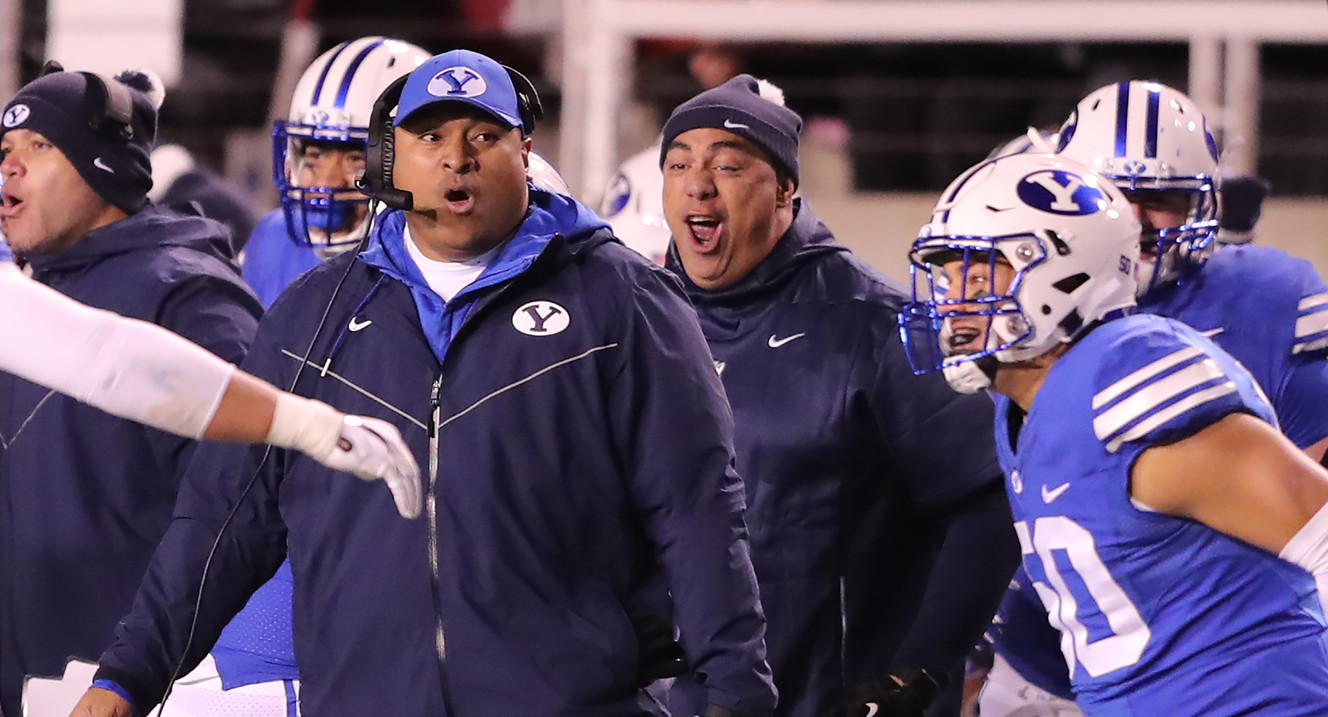 BYU head coach Kalani Sitake and the BYU sideline celebrate as BYU and Utah play at Rice Eccles Stadium in Salt Lake City on Saturday, Nov. 24, 2018. (Photo: Scott G Winterton, Deseret News)