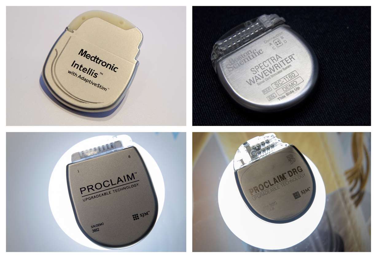 This combination of Saturday, Aug. 25, 2018 photos shows demonstration models of implantable neurostimulators, top row from left, the Medtronic Intellis and the Boston Scientific Spectra WaveWriter SCS. Bottom row from left are the Abbott/St. Jude's Proclaim 7 Implantable Pulse Generator and Proclaim DRG Implantable Pulse Generator. For years, medical device companies and doctors have touted spinal cord stimulators as a panacea for millions of patients suffering from a wide range of intractable pain disorders. But the devices, surgically placed inside the back, that use electrical currents to block pain signals before they reach the brain _ are more dangerous than many patients understand, according to an Associated Press investigation. (AP Photo/Mary Altaffer)