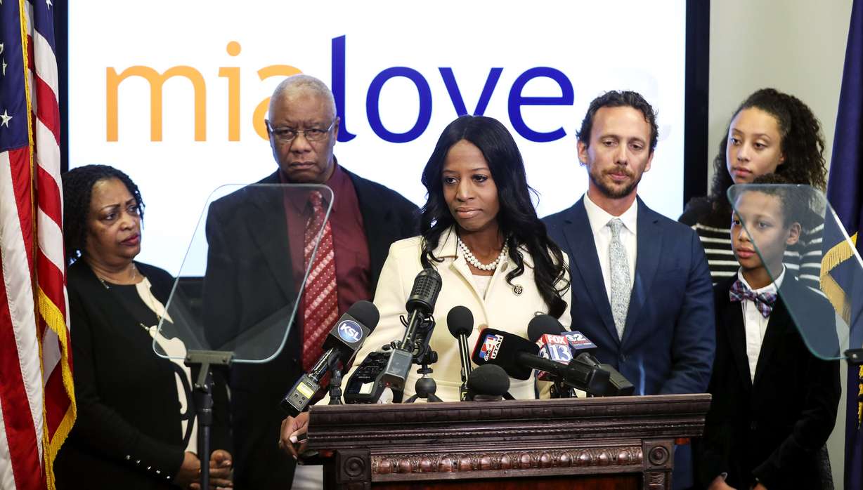 Surrounded by her family Rep. Mia Love talks about election results in the 4th Congressional District at the Utah Republican Party offices in Salt Lake City on Monday, Nov. 26, 2018. (Photo: Steve Griffin, KSL)