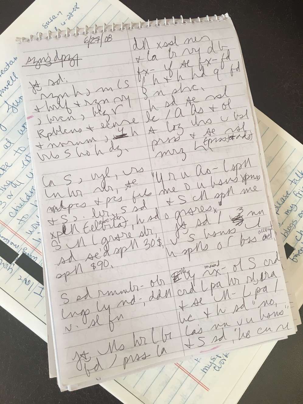 Susan Powell provided this notepad to her friend, Kiirsi Hellewell, and asked Hellewell to document an argument she’d had with her husband, Josh, on June 27, 2008. Hellewell used a form of shorthand she'd learned in high school called "speed writing" to keep up with Powell's speech. (Photo: Dave Cawley, KSL Newsradio)