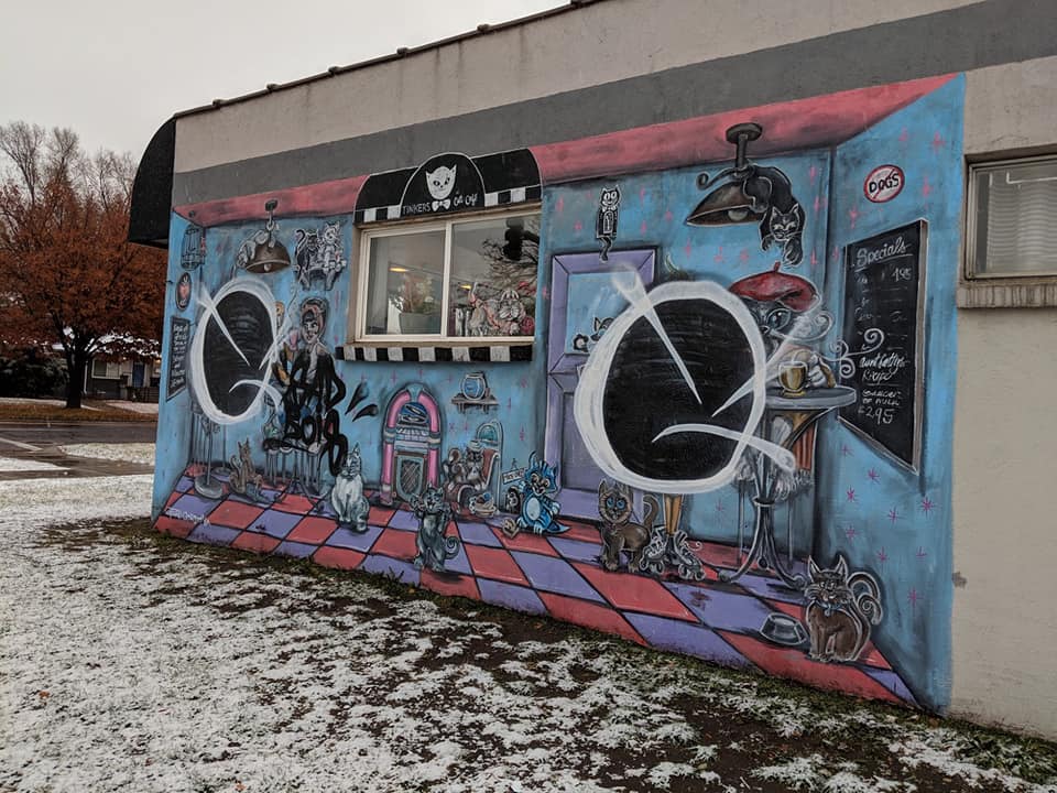 An image of graffiti on the mural of the Tinker's Cat Cafe in Salt Lake City that was spotted on Friday, Nov. 23, 2018. (Photo: Photo Courtesy of Geri Cordova)