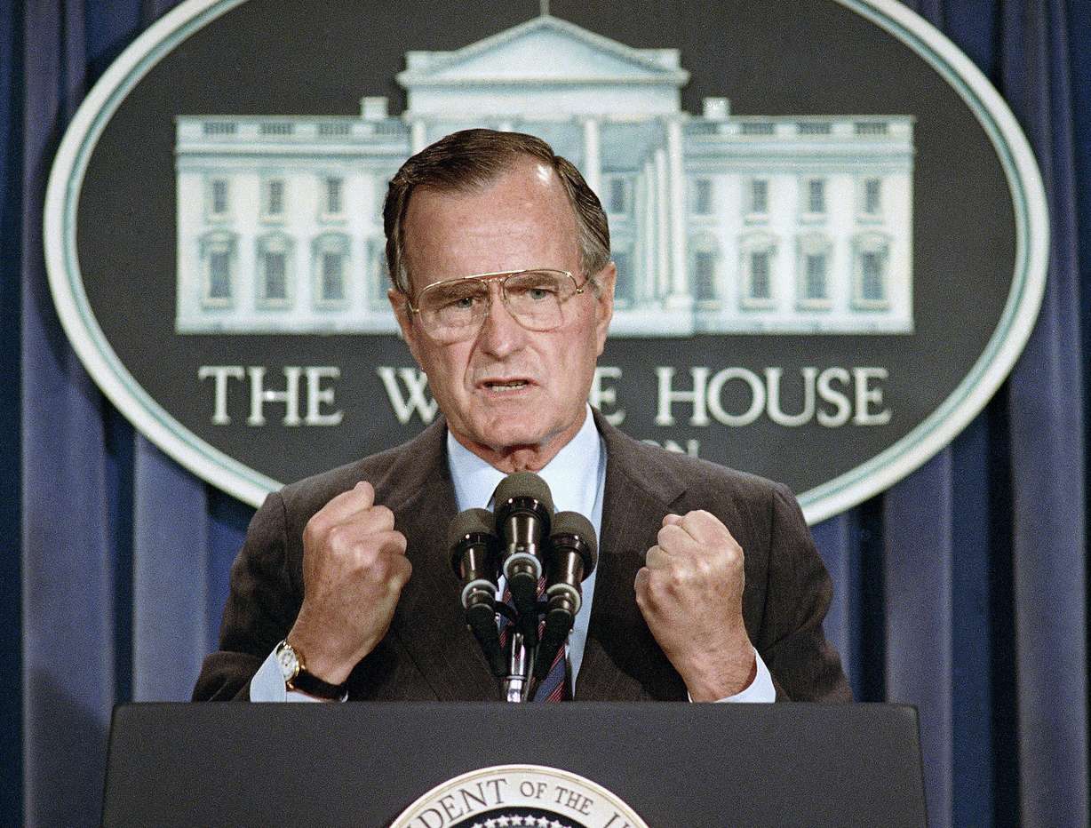 FILE - In this June 5, 1989 file photo, U.S. President George H.W. Bush holds a news conference at the White House in Washington where he condemned the Chinese crackdown on pro-democracy demonstrators in Beijing's Tiananmen Square. (AP Photo/Marcy Nighswander, File)