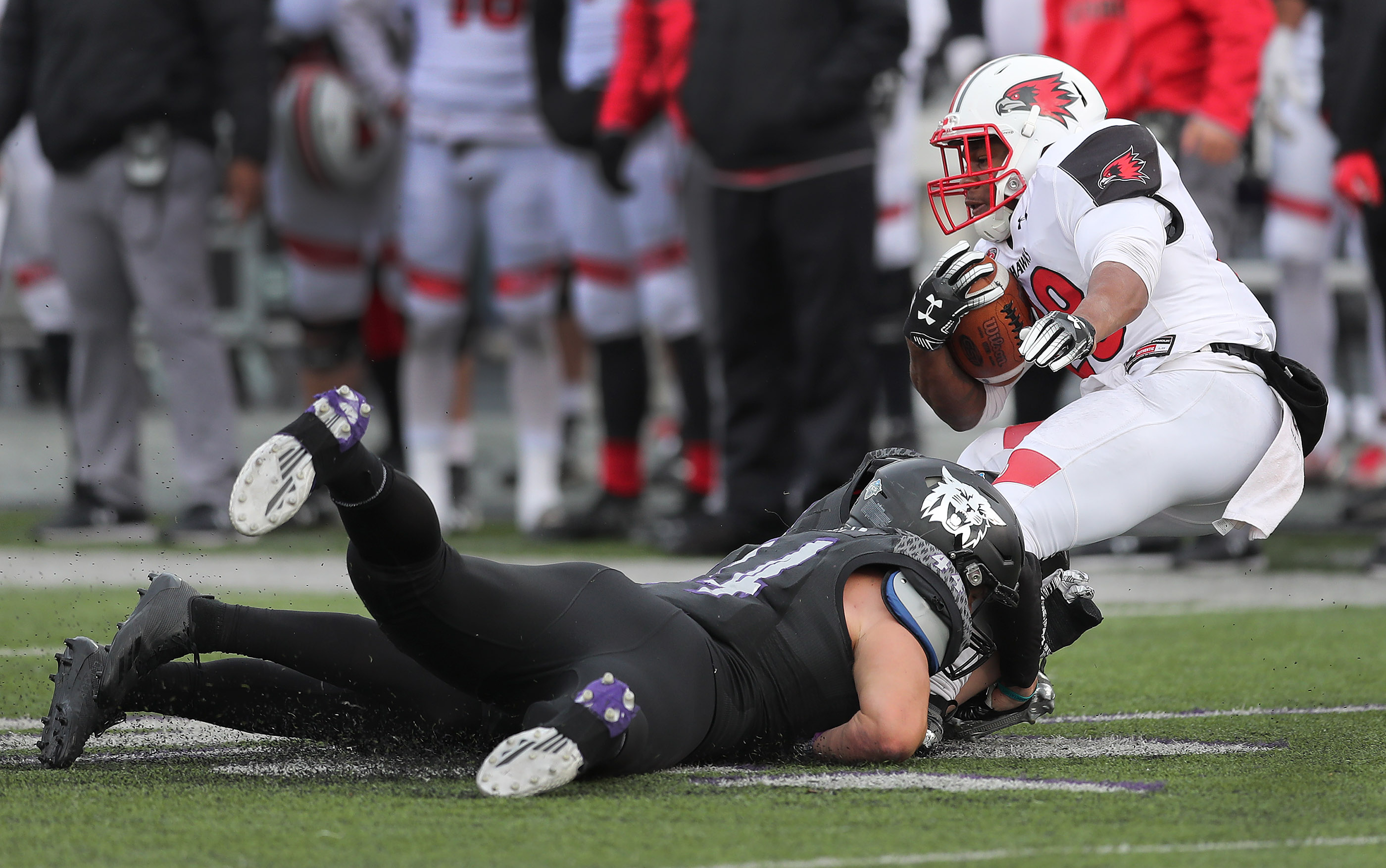 Weber State Wildcats defensive end George Tarlas (44) and Weber State Wildcats safety Brody Burke (31) tackle Southeast Missouri State Redhawks running back Zion Custis (28) in Ogden on Saturday, Dec. 1, 2018. (Photo: Jeffrey Allred, KSL)