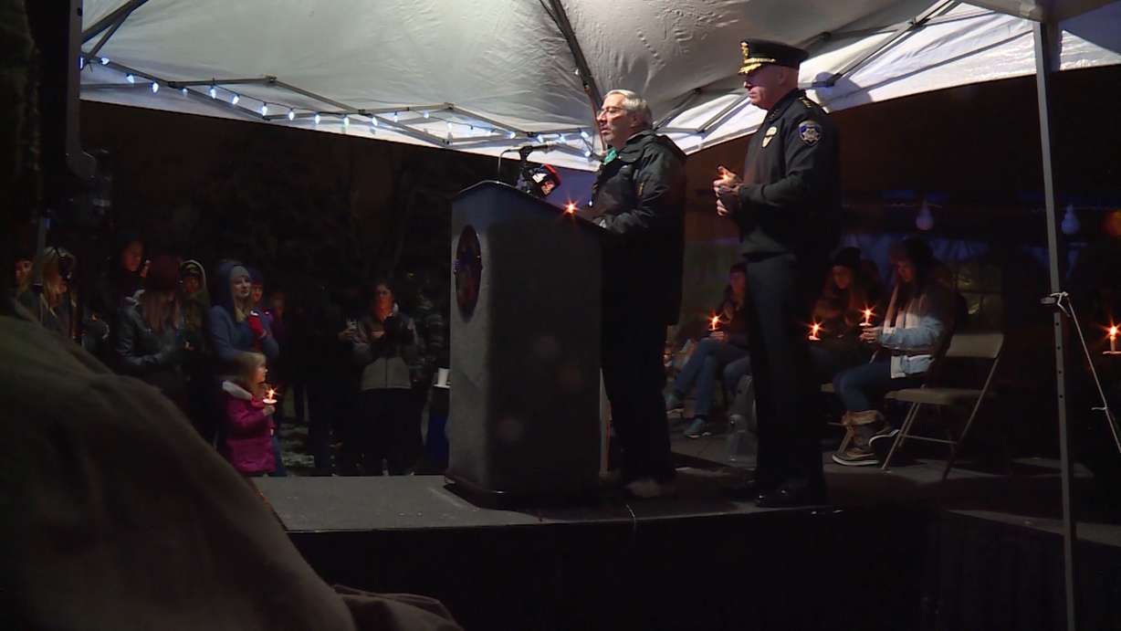 Family, friends, community members and fellow officers gathered in South Salt Lake on Sunday, Dec. 2, 2018, for a vigil in honor of South Salt Lake police officer David Romrell, who was killed in the line of duty on Nov. 24. (Photo: Adam Sotelo, KSL TV)
