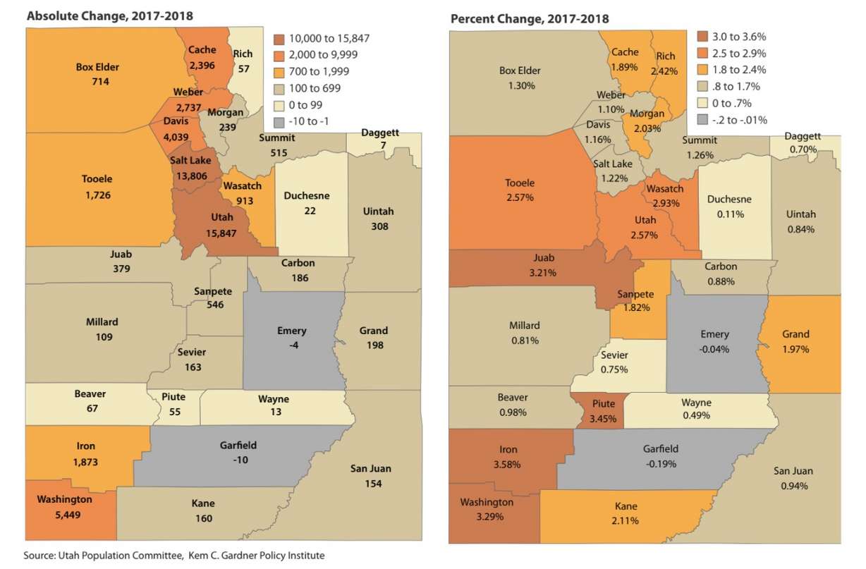 An image that depicts estimated population growth by absolute change and percentage change from 2017 to 2018. (Image credit: Utah Population Committee, Kem C. Gardner Policy Institute)